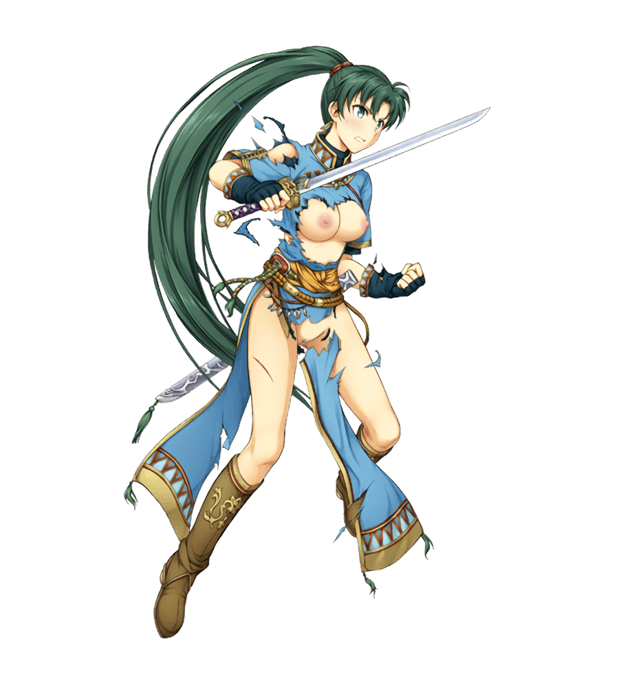 breasts clenched_teeth dress edit edited_official_artwork female fire_emblem fire_emblem:_the_blazing_blade fire_emblem_heroes full_body green_eyes green_hair holding holding_weapon long_ponytail lyn_(fire_emblem) lyndis_(fire_emblem) medium_breasts nipples nude_filter photoshop pubic_hair solo sword torn_clothes weapon yamada_koutarou