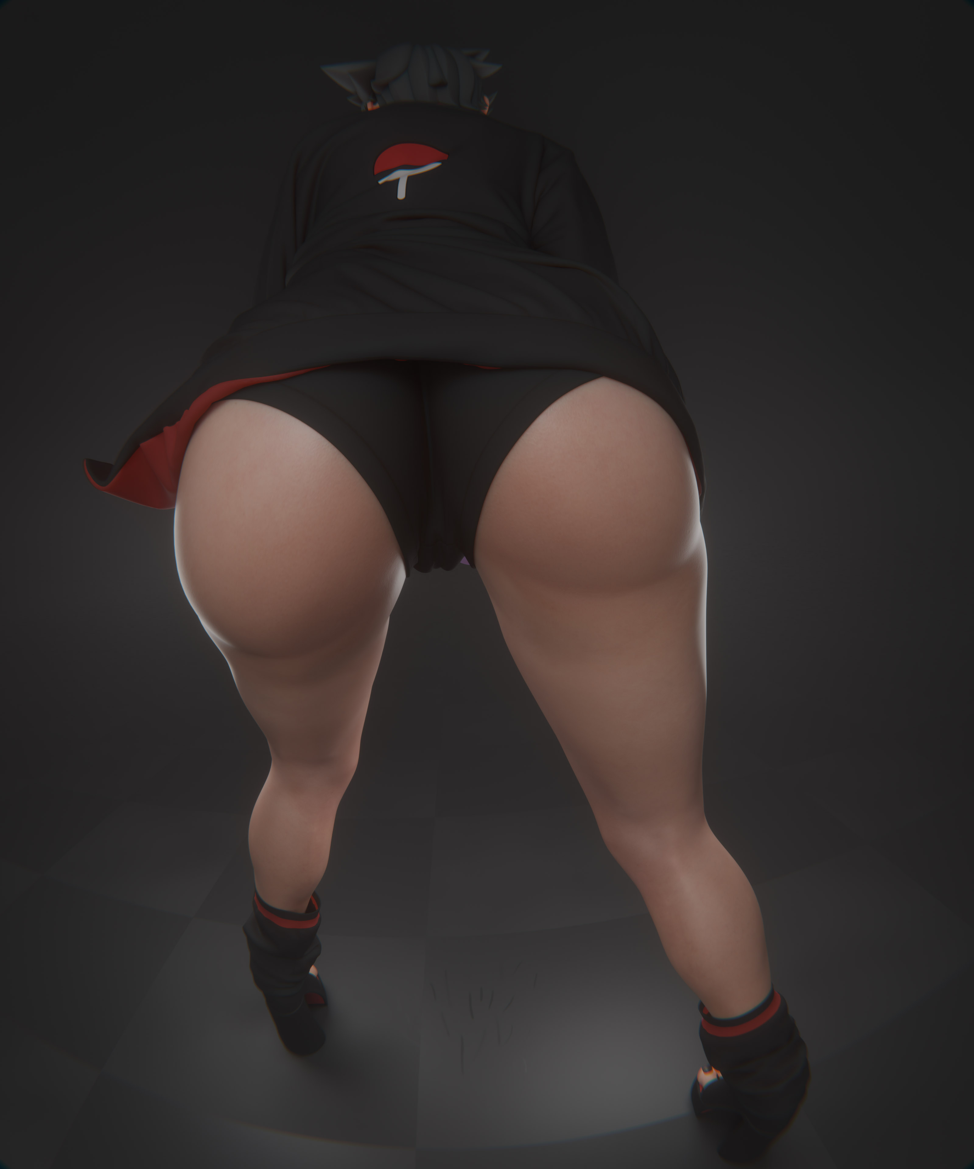1girls, 3d, ass, ass focus, back view, black hair, black lipstick, black nails, boruto: two blue vortex, clothed, earrings, female, female only, from behind (disambiguation), glasses, legs, light skin, light-skinned female, naruto, naruto (series), painted nails, painted toenails, sarada uchiha, shorts, showing ass, showing off, solo, suggestive, suggestive look, toenail polish, valenok