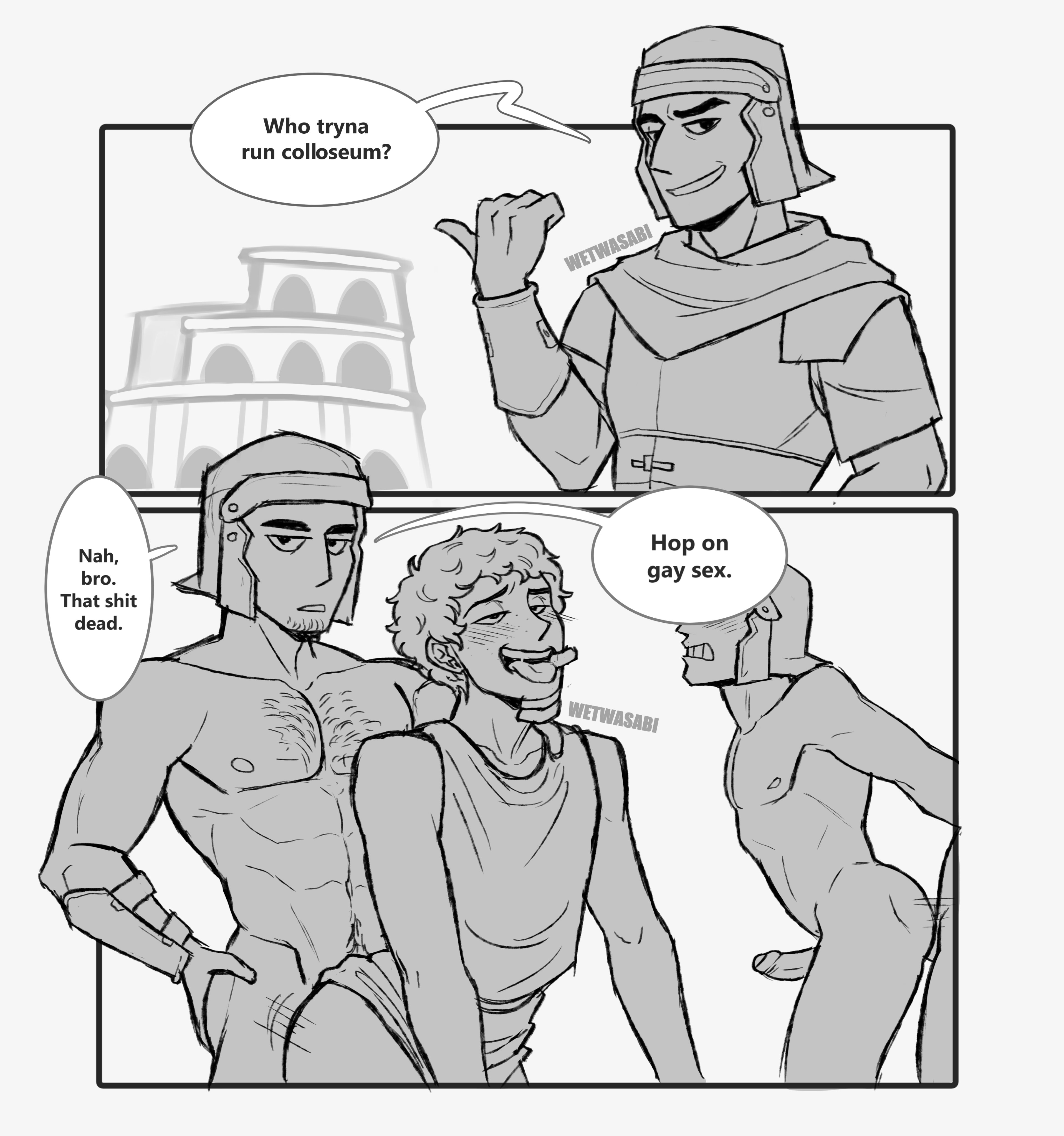 2boys, anal, anal sex, ancient rome, bodyguard position, colosseum, comic, erection, femboy, finger in mouth, foreskin, from behind, from behind position, gay, gay domination, gladiator, male, male on femboy, male only, partially clothed, partially retracted foreskin, penetration, penis, retracted foreskin, roman, roman empire, sex, tongue, tongue out, twink, uncircumcised, wetwasabi, yaoi