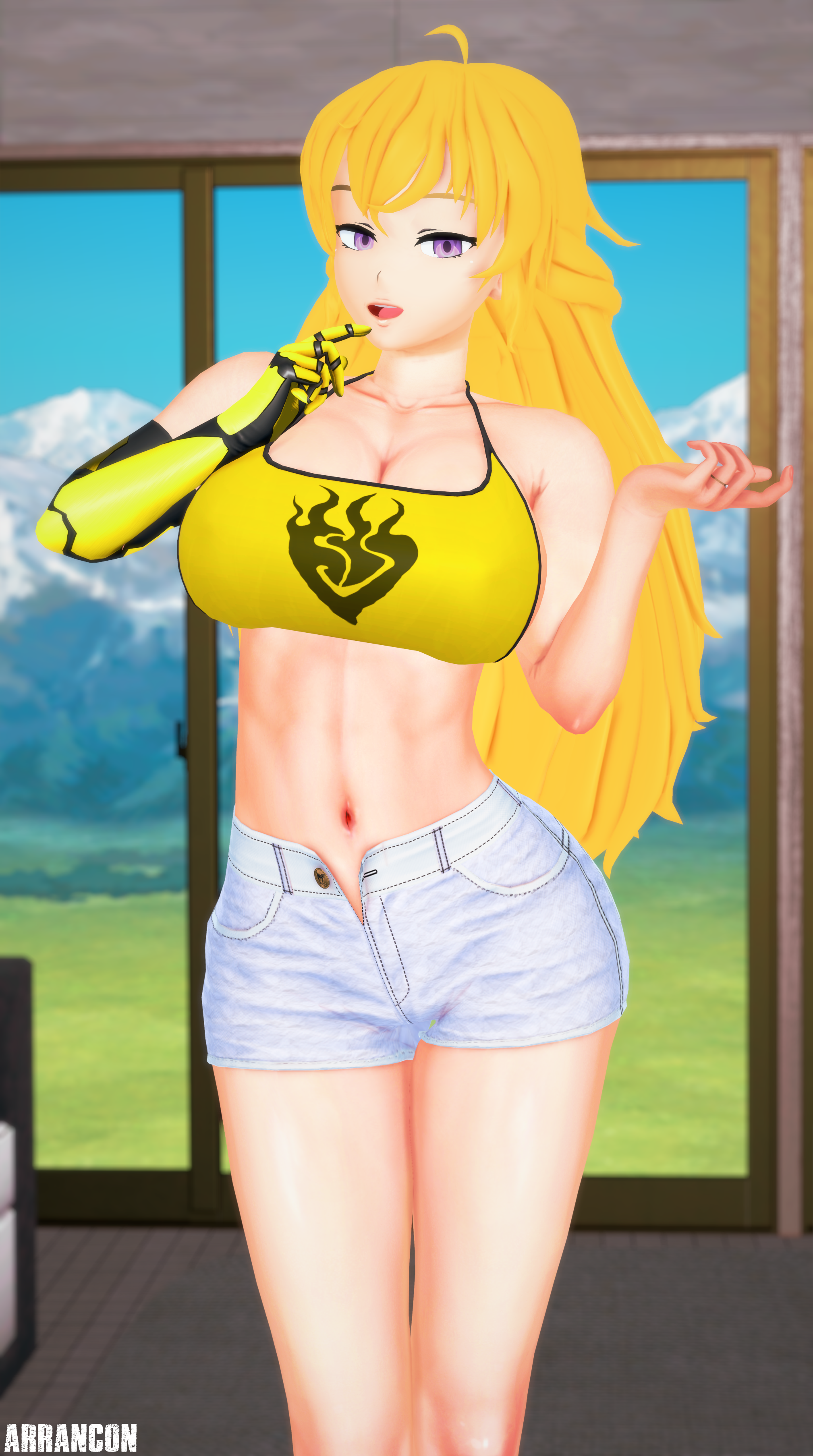 1girls, 3d, arrancon, big breasts, blonde female, blonde hair, breasts, busty, cleavage, denim shorts, female, large breasts, legs, long hair, long-haired female, midriff, navel, purple eyes, ring, ring on finger, robotic arm, rwby, sensual, sexy, short shorts, shorts, smile, solo female, stomach, tank top, thighs, toned, voluptuous, yang xiao long