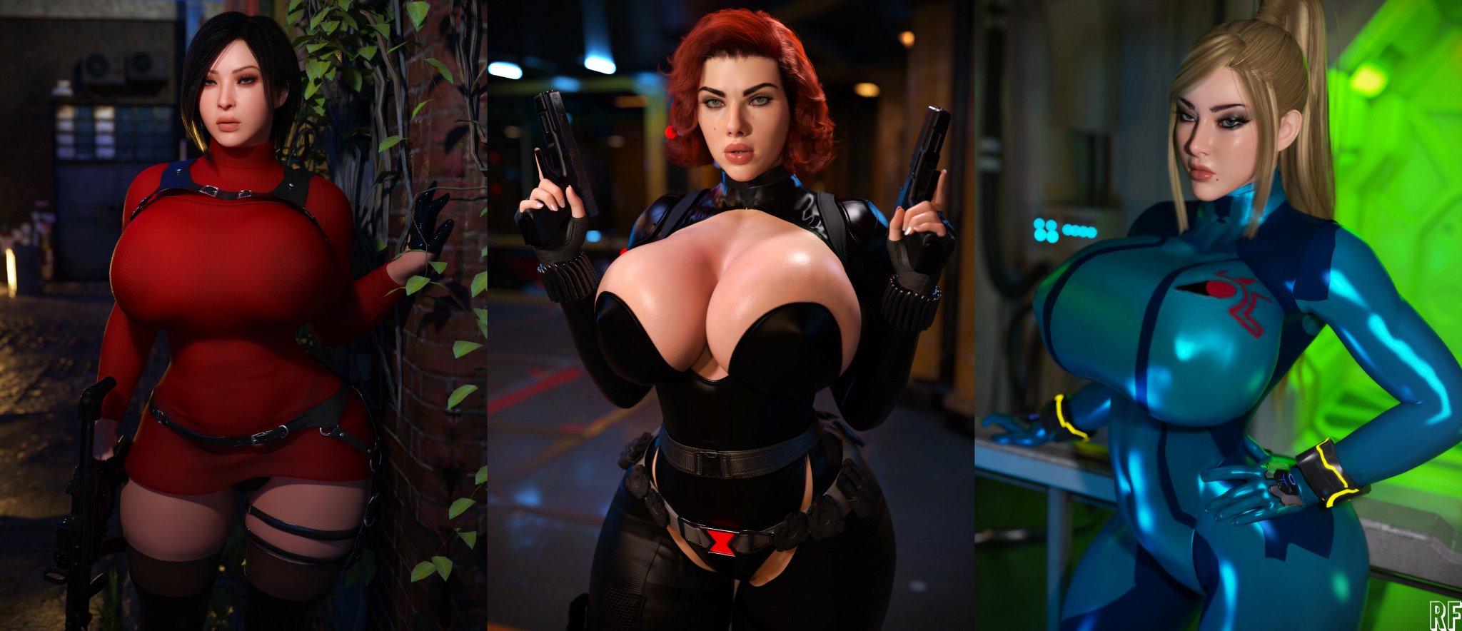 3d, 3girls, ada wong, ass, avengers, big ass, big breasts, big thighs, bimbo, black widow (marvel), breasts, bust, busty, capcom, chest, crossover, curvaceous, curvy, curvy figure, digital media (artwork), eastern and western character, female, hips, hourglass figure, huge ass, huge breasts, huge thighs, large ass, large breasts, large thighs, legs, marvel, marvel comics, mature, mature female, metroid, natasha romanoff, nintendo, resident evil, resident evil 2, resident evil 4, rude frog, s.h.i.e.l.d., samus aran, scarlett johansson, slim waist, thick, thick hips, thick legs, thick thighs, thighs, video game character, voluptuous, waist, wide hips