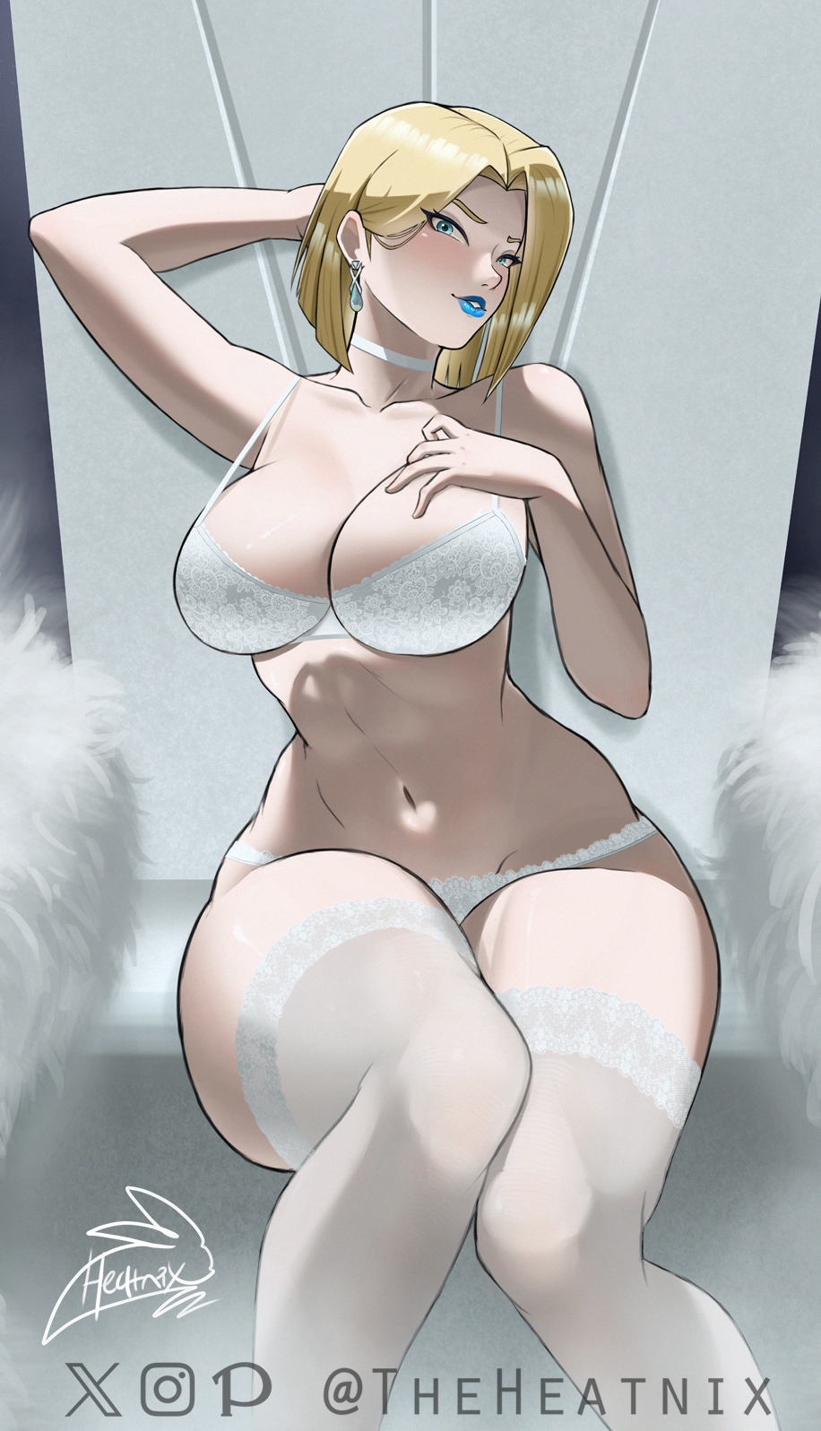 2d, blonde eyebrows, blonde female, blonde hair, blue lipstick, bob cut, breasts, clothed, clothed female, emma frost, emma frost (marvel rivals), eyebrows, eyelashes, female, hair behind ear, highres, hips, large breasts, light skin, light-skinned female, marvel, marvel comics, marvel rivals, medium hair, nude, nude female, pale skin, pale-skinned female, theheatnix, thick legs, thick thighs, wide hips, x-men