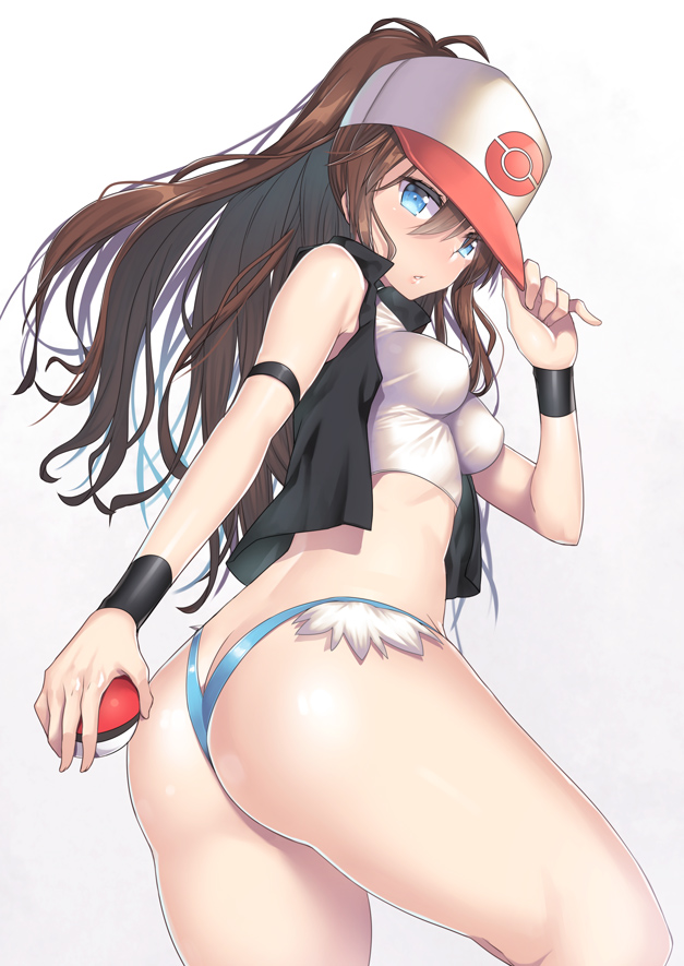 1girls, ass, ass cleavage, ass crack, ass hanging out, ass hanging out of shorts, back, big ass, blue eyes, blue panties, breasts, brown hair, butt crack, clothed, clothes, eyelashes, female, female only, fur trim, grey background, hat, hilda (pokemon), holding, human, jacket, large ass, long hair, looking at viewer, looking back, micro shorts, nagase haruhito, nintendo, panties, poke ball, pokemon, pokemon bw, ponytail, shirt, short shorts, shorts, simple background, skimpy, small breasts, solo, source request, sweatband, teeth, thick thighs, thighs, thong, tied hair, white background, wide hips
