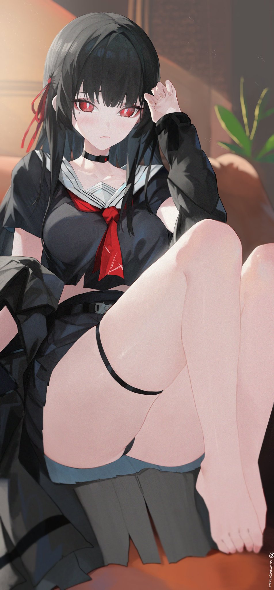 black hair, black panties, black underwear, chisa (wuthering waves), feet, female, long hair, panties, red eyes, school uniform, schoolgirl, sitting, underwear, upskirt, wuthering waves