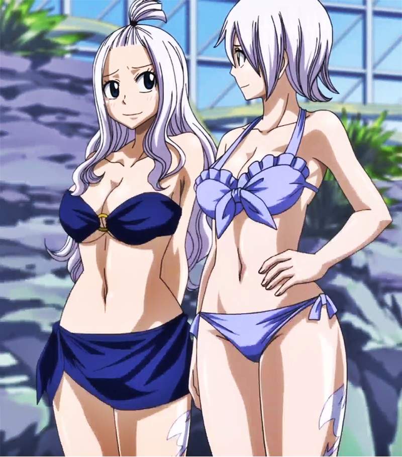 2d, 2girls, anime, anime screencap, big breasts, big tits, bikini, bikini bottom, bikini top, breasts, ecchi, fairy tail, fairy tail mark, fanservice, female, large breasts, leg tattoo, lisanna strauss, mirajane strauss, multiple females, multiple girls, official art, screencap, screenshot, sexy, smile, tattoo, white hair, white tattoo, white-haired female