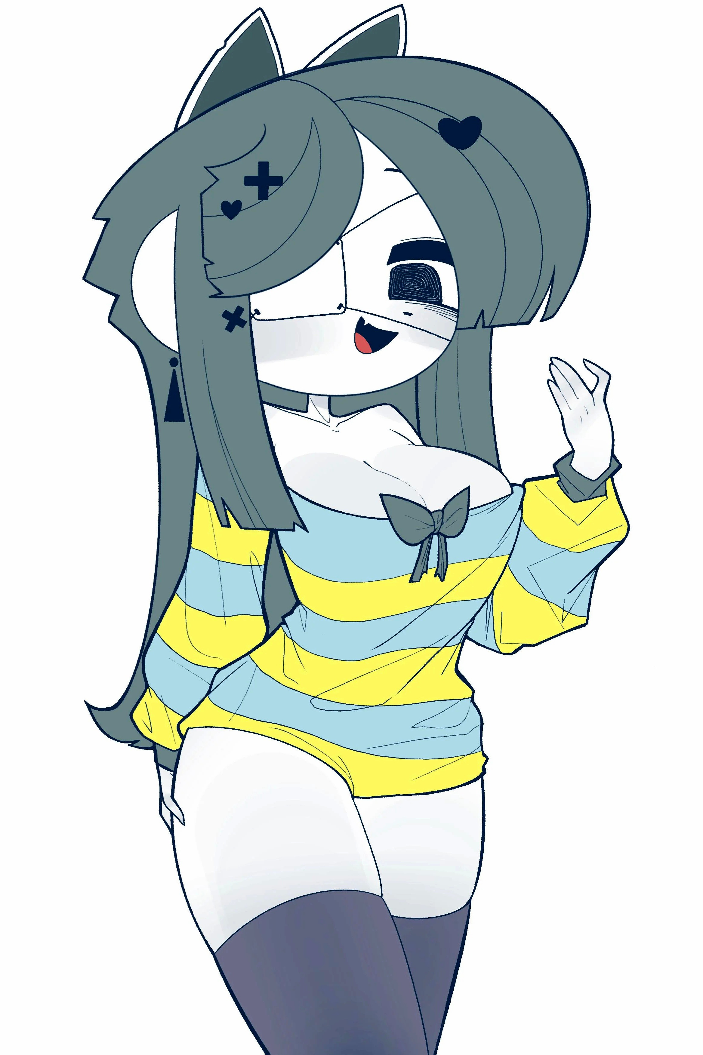 1girls, 4 ears, baggy clothing, big breasts, black eyes, breasts, cat ears, curvy, dog ears, dominant, dominant female, eye patch, female, grey hair, hair ornament, hand on hip, hss dada, huge thighs, long hair, multi ear, ribbon, solo, striped clothing, tall female, temmie, temmie (undertale), thick, thick thighs, thighhighs, thighs, undertale, white body