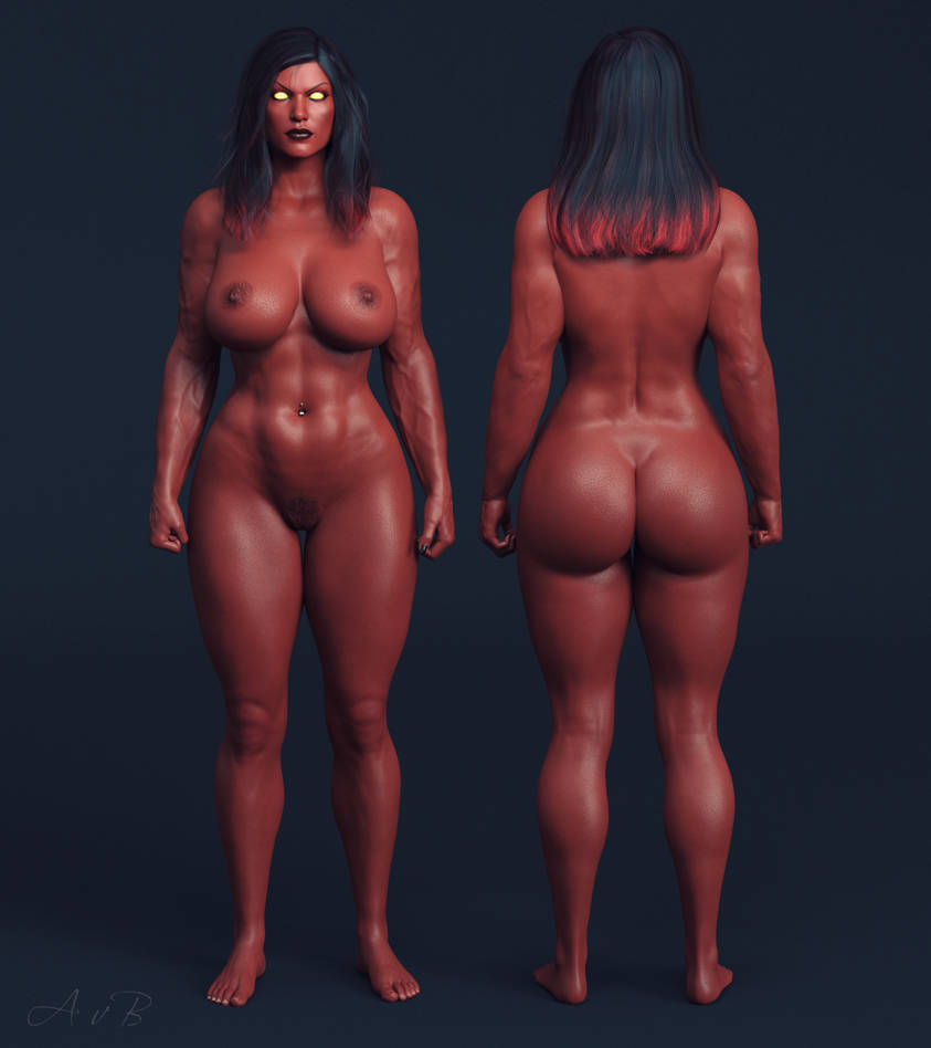 3d, 3d (artwork), alice von bertruher, angry, angry face, antiheroine, ass, athletic, athletic female, back, barefoot, before, betty ross, big ass, black hair, black lipstick, breasts, female, full body, fully naked, long hair, marvel, marvel comics, navel piercing, nipples, nude, nude female, red she-hulk, red skin, solo, superheroine, veins, veiny arms, yellow eyes
