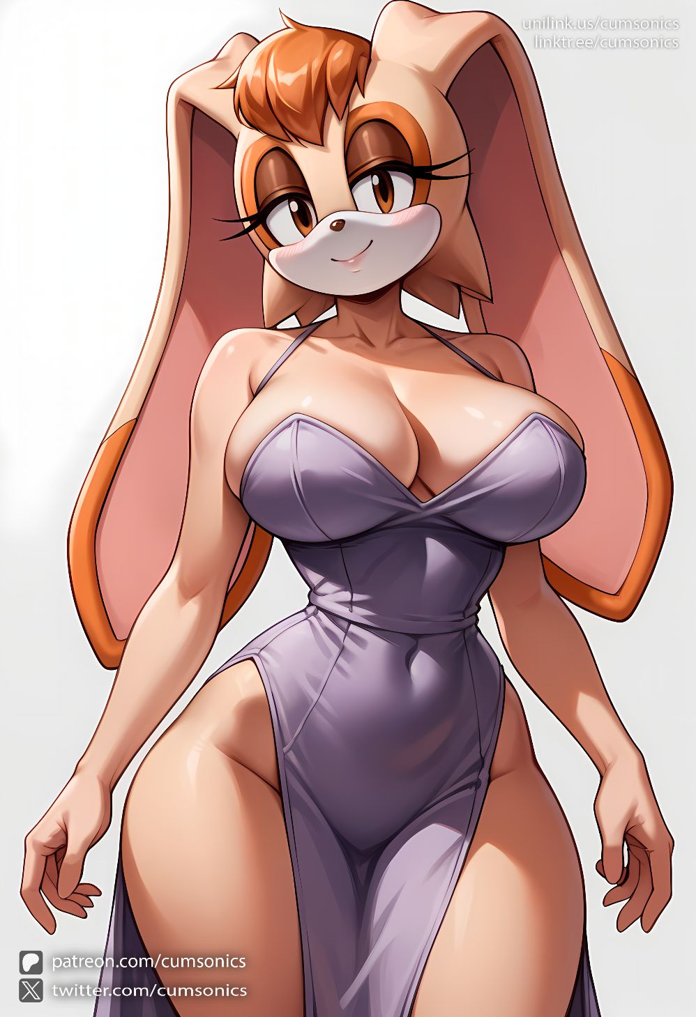 ai generated, animal ears, animal nose, anthro, anthro only, artist name, bangs, bare shoulders, blush, breasts, brown eyes, brown hair, cleavage, closed mouth, clothed, clothed anthro, clothed female, clothing, collarbone, covered navel, covered nipples, cumsonics, curvy, dress, female, female anthro, furry, furry female, furry only, hips, huge breasts, large breasts, long ears, looking at viewer, lop ears, metadata request, model request, orange eyes, patreon username, pelvic curtain, purple clothing, purple dress, rabbit ears, side slit, signature, simple background, smile, smiling, smiling at viewer, solo, solo anthro, solo female, sonic (series), standing, strapless, thick thighs, thighs, twitter username, vanilla the rabbit, watermark, web address, white background, wide hips