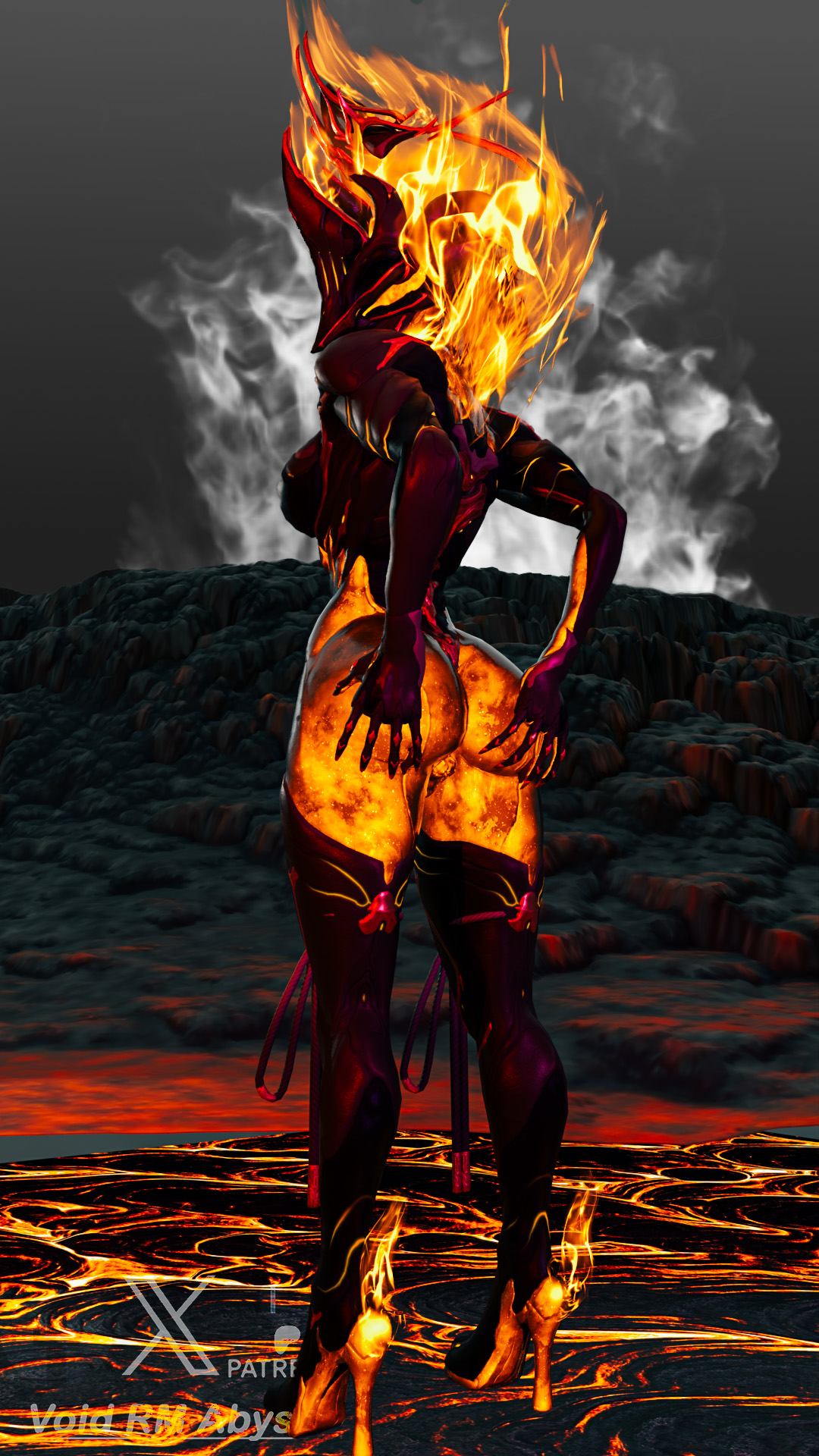 1girls, 3d model, 3d render, ass, ass focus, ass grab, ass up, big ass, ember (warframe), ember heirloom (warframe), fanart, female, full body, glutes, lava, no nude, patreon, patreon artist, render, volcano, warframe