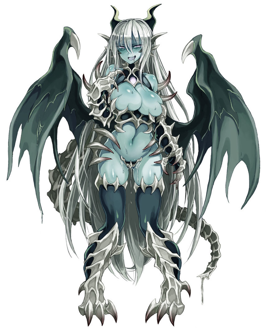 blush bones breasts claws dragon_girl dragon_wings dragon_zombie_(monster_girl_encyclopedia) gray_hair green_skin happy horns kenkou_cross long_hair monster_girl monster_girl_encyclopedia open_mouth pantyhose purple_eyes pussy_juice silver_hair smile tail wings