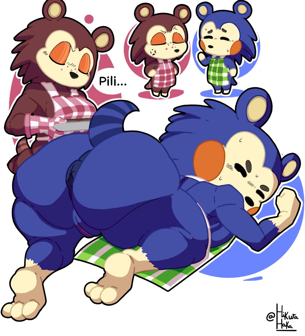 2025 animal_crossing anthro anus apron artist_name ass ass_up big_butt black_nose blue_body blue_ears blue_fur blue_hair blue_tail blush blush_lines bodily_fluids breasts brown_body brown_ears brown_fur brown_hair brown_tail closed_eyes clothing cross-popping_vein digital_media_(artwork) duo eulipotyphlan female fur genitals green_apron green_clothing hair handwear hedgehog holding_object holding_plate karikhuri mabel_able mammal mittens multicolored_apron multicolored_body multicolored_clothing multicolored_fur nintendo oven_mitts pink_apron pink_clothing plate pussy rear_view rodent sable_able sibling_(lore) sister_(lore) sisters_(lore) standing sweat tail tan_body tan_fur text thick_thighs three-quarter_view two_tone_body two_tone_fur two_tone_tail white_apron white_clothing