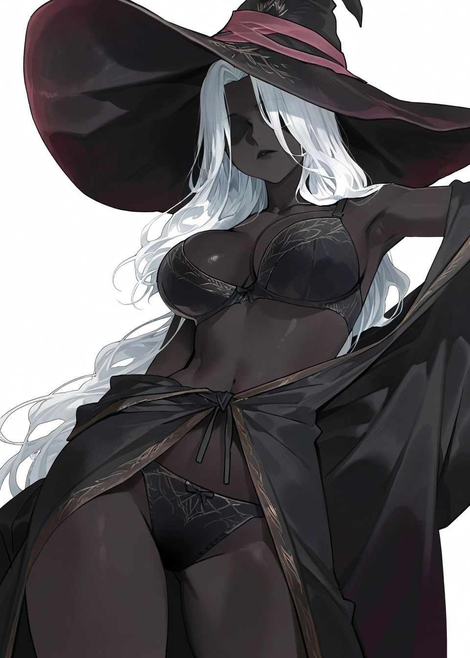 ai generated, artist request, bra, dark skin, dark-skinned female, elden ring, elden ring nightreign, female, fromsoftware, panties, recluse (nightreign), tagme, white hair, witch, witch hat