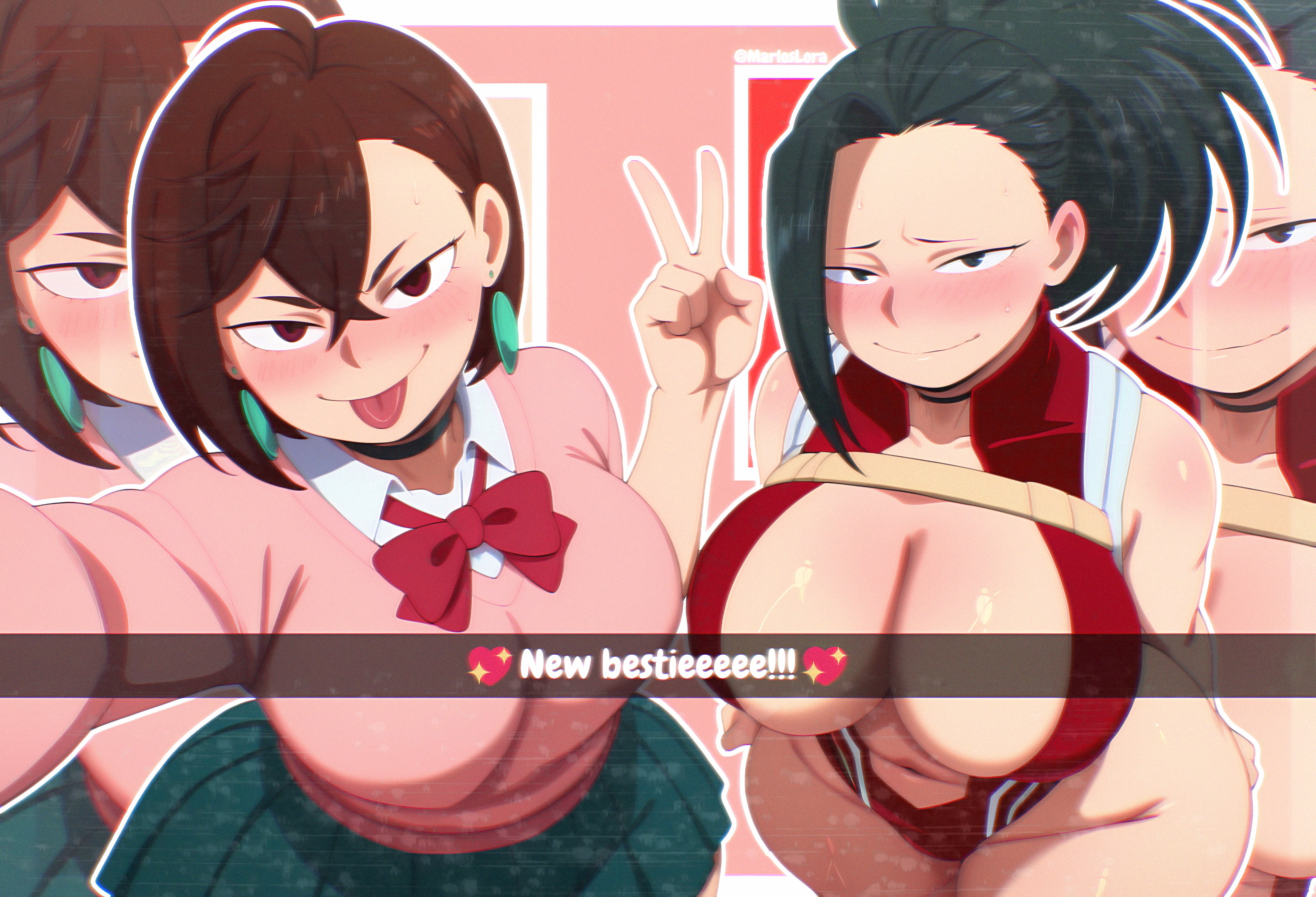 2girls, ai, ai assisted, ai generated, almost naked, anime, ass, ass grab, ayase momo, background, big breasts, black hair, black-haired female, blush, breasts, brown hair, brown-haired female, crossover, dandadan, earrings, english text, female, female only, flustered, hand on ass, hand on butt, marlosart, momo yaoyorozu, my hero academia, name connection, peace sign, photoshop, red eyes, selfie, skirt, smile, snapchat, text, thick thighs, thunder thighs, tongue, tummys