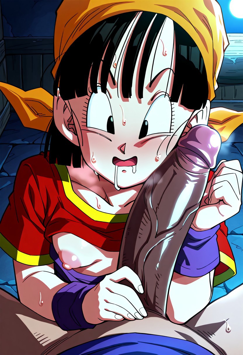 ai generated, akaz123, black hair, breasts, dark-skinned male, dragon ball, dragon ball gt, drooling, duo, female, forearm cock, horny female, looking at penis, male, pan (dragon ball), penis, penis awe, small breasts, steaming body, sweating, toei animation