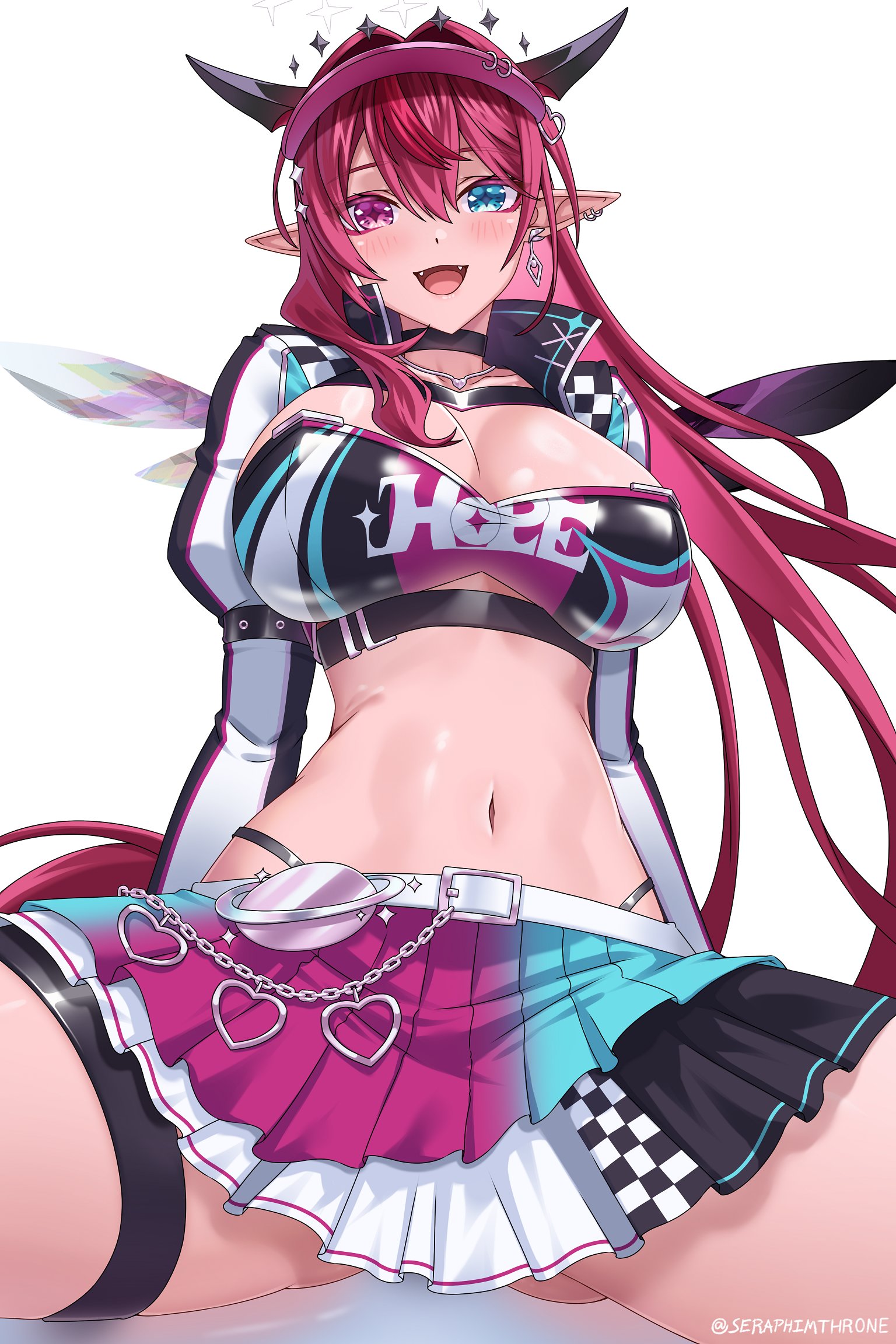 1girls, blue eyes, breasts, cap, crop top, female, hat, hololive, hololive english, hololive english -promise-, irys, irys (hololive), legs apart, looking at viewer, race queen, racing suit, red eyes, red hair, seraphimthrone, skirt, solo, thighs, virtual youtuber, visor cap, wings