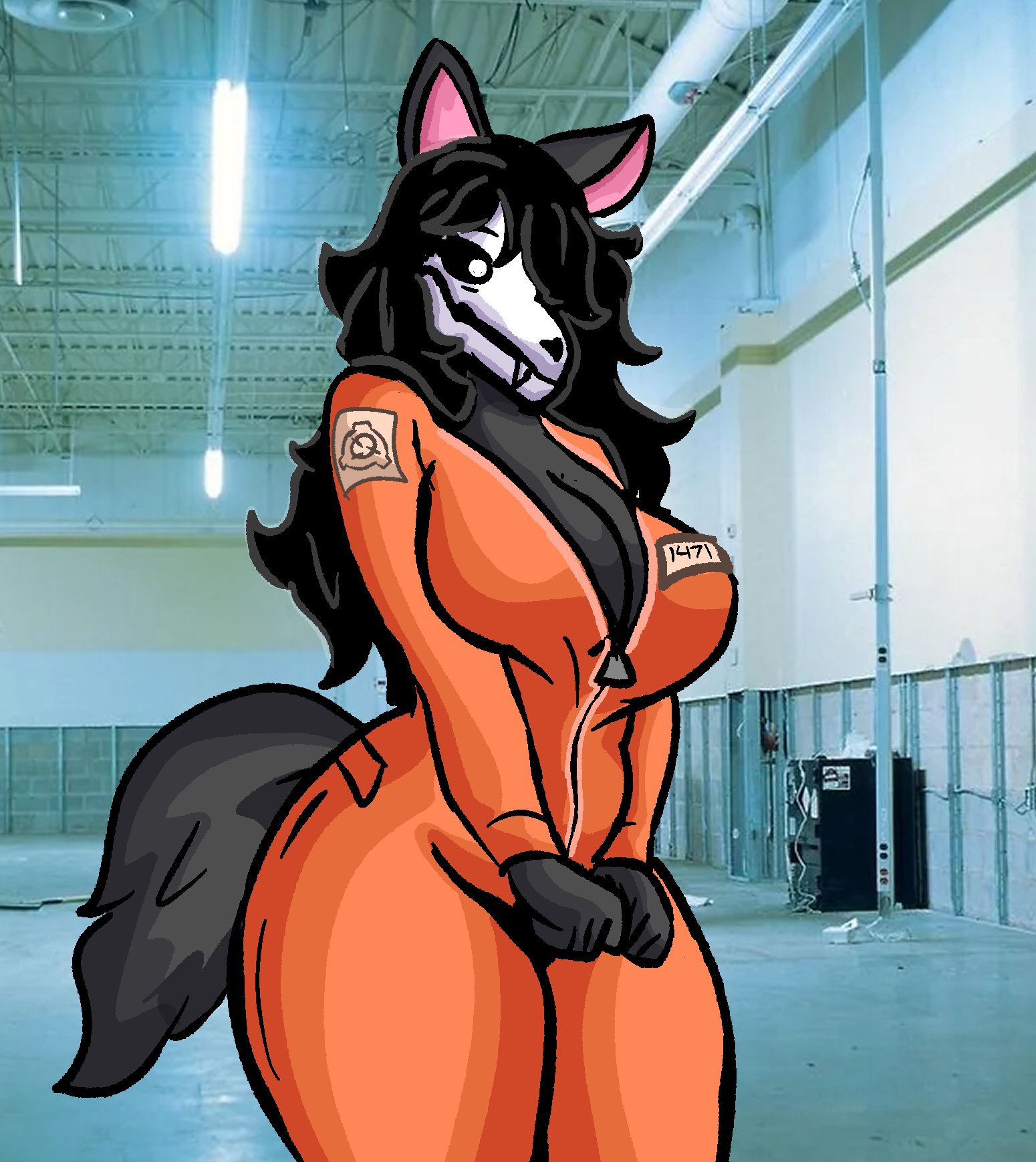 1girls, anthro, big breasts, black eyes, black hair, breasts, chetoh, dark fur, female, fur, furry, furry only, hair, hair over one eye, jumpsuit, long hair, mal0, malo, orange jumpsuit, photo background, scp foundation, scp-1471, scp-1471-a, solo, tagme, tail, thick thighs, wolf, wolf girl