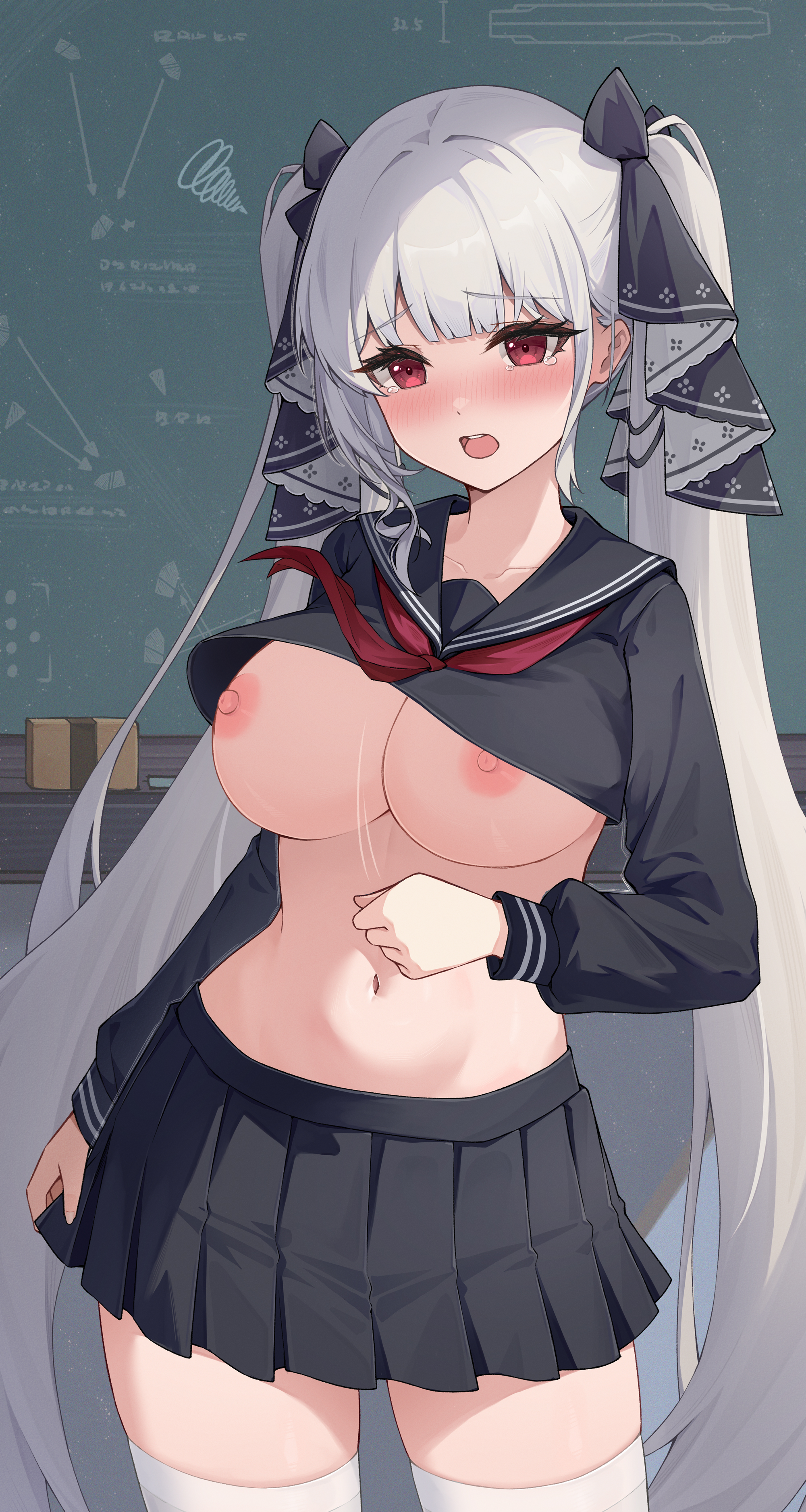 1girls, absurdres, azur lane, black sailor collar, black shirt, black skirt, blunt bangs, blush, breasts, chalkboard, clothes lift, collarbone, crop top, crop top overhang, female, female only, formidable (azur lane), formidable (the lover's heart flutters on duty) (azur lane), grey hair, highres, large breasts, long hair, long sleeves, looking at viewer, miniskirt, neckerchief, nipples, official alternate costume, open mouth, physics, pleated skirt, red eyes, red neckerchief, sailor collar, school uniform, serafuku, shirt, shirt lift, skirt, solo, stockings, stomach, tearing up, thighhighs, twintails, underboob, very long hair, white thighhighs, youmi kong xiang, zettai ryouiki