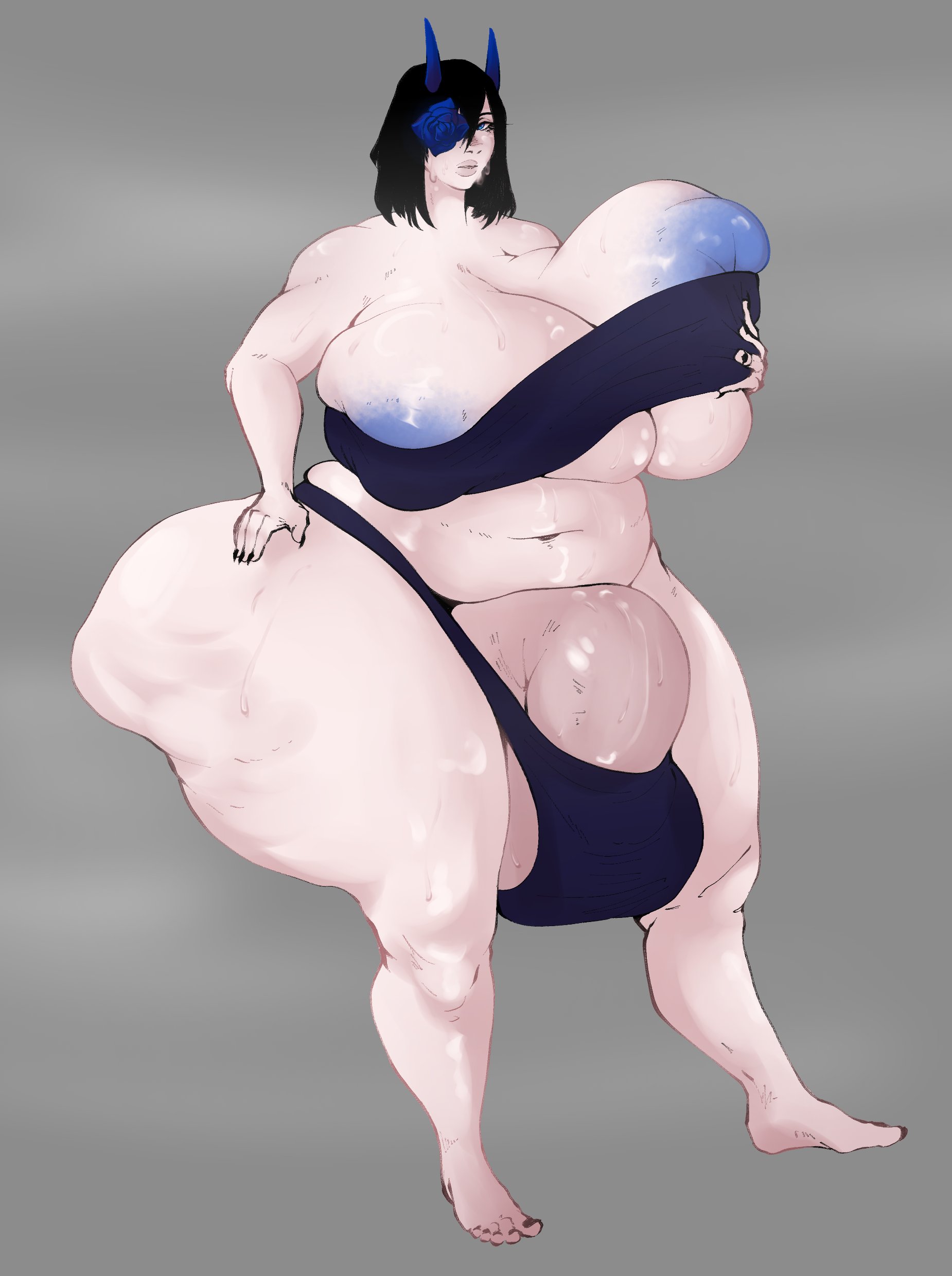 1futa, ass, ass bigger than head, breasts, breasts bigger than head, bulge, enormous ass, enormous breasts, fat cock, female, futanari, huge cock, hyper, hyper ass, hyper breasts, hyper penis, hyper thighs, intersex, long hair, oni female, penis, penis longer than knee, semi-erect, solo futa, swimsuit, tagme, thick thighs, yoackeheim