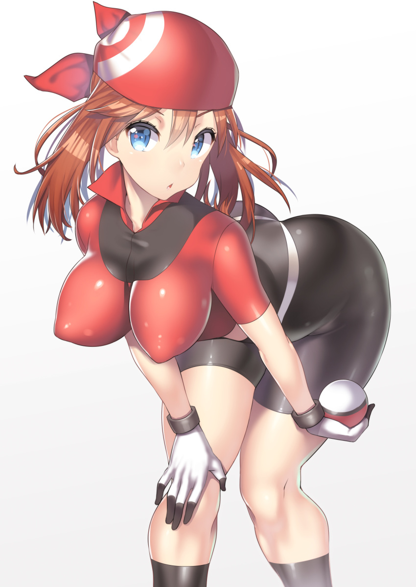 1girls alternate_breast_size ass bent_over big_ass big_breasts bike_shorts blue_eyes breasts clothed clothes erect_nipples eyelashes female female_only gloves grey_background holding human human_only impossible_clothes large_breasts latex looking_at_viewer may_(pokemon) may_(pokemon_rs) nagase_haruhito nintendo open_mouth poke_ball pokemon pokemon_rse shirt short_hair skin_tight skintight socks solo standing tongue wide_hips