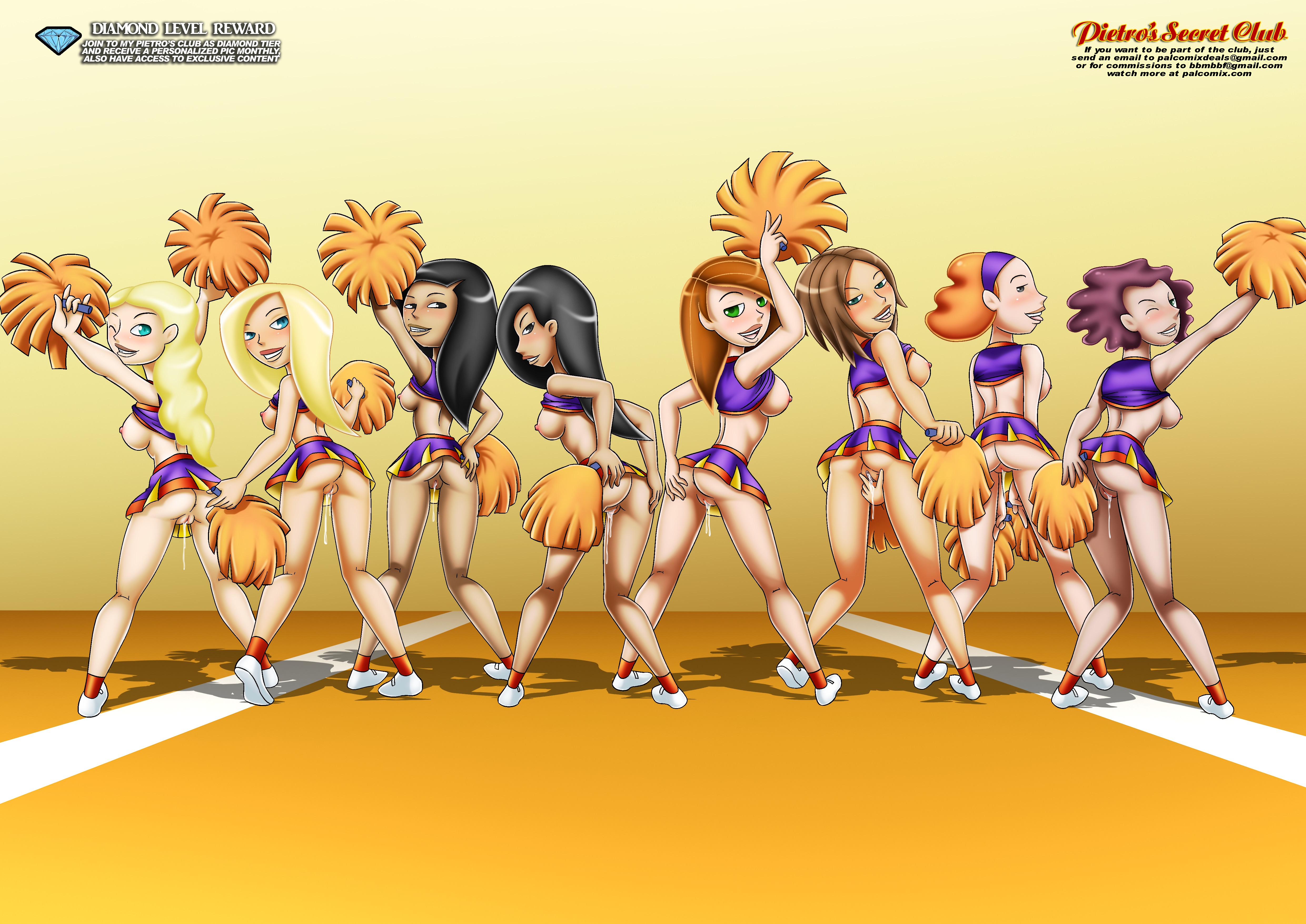 2d, 8girls, anus, ass, bbmbbf, black hair, blonde hair, blue eyes, bonnie rockwaller, breasts, brown hair, bubble ass, bubble butt, busty, cheerleader, cheerleader uniform, crop top, crystal (kim possible), curly hair, dark skin, dark-skinned female, disney, disney channel, female, female focus, female only, full body, going commando, green eyes, hope (kim possible), hourglass figure, jessica (kim possible), kim possible, kimberly ann possible, light skin, light-skinned female, liz (kim possible), long hair, marcella (kim possible), miniskirt, no panties, palcomix, pussy, pussy juice, pussy juice drip, rear view, red hair, short hair, sideboob, skirt, socks, standing, straight hair, tagme, tan skin, tan skinned female, tank top, tara (kim possible), tara king, vagina, wet pussy, wide hips