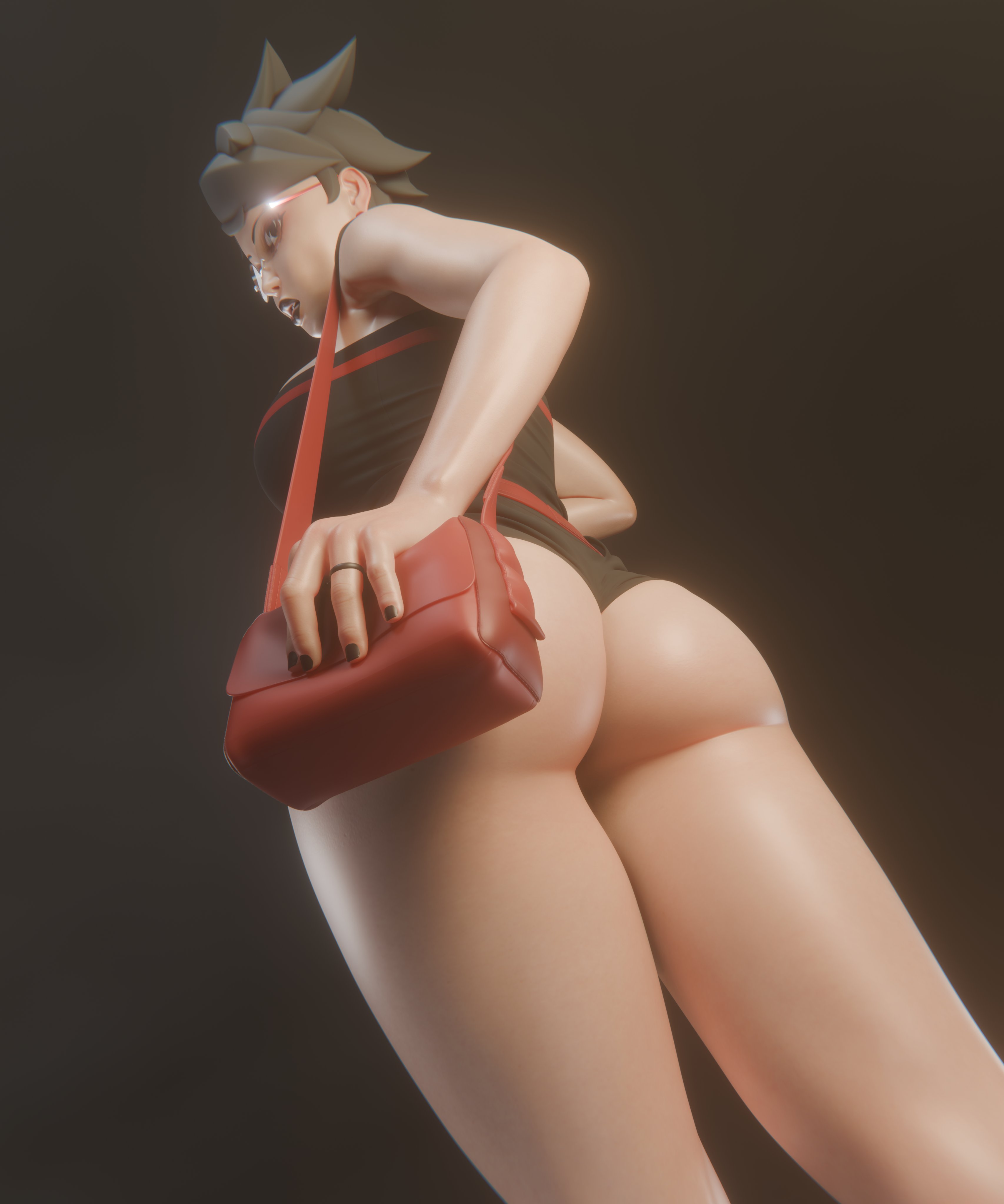 1girls, 3d, ass, ass focus, big ass, big breasts, black hair, black lipstick, black nails, boruto: two blue vortex, breasts, cleavage, clothed, earrings, exposed midriff, female, female only, glasses, heels, light skin, light-skinned female, lipstick, low-angle view, naruto, naruto (series), painted nails, painted toenails, pleasure face, sarada uchiha, skimpy, solo, toenail polish, valenok