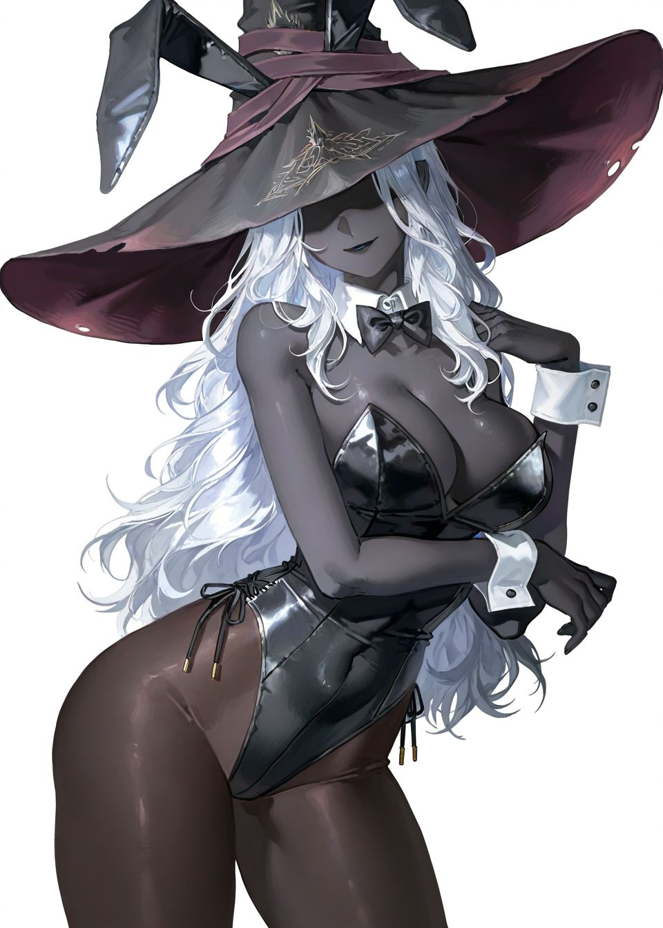 ai generated, artist request, black female, black women, bunny ears, bunnysuit, dark skin, dark-skinned female, elden ring, elden ring nightreign, female, fromsoftware, recluse (nightreign), tagme, white hair, witch, witch hat
