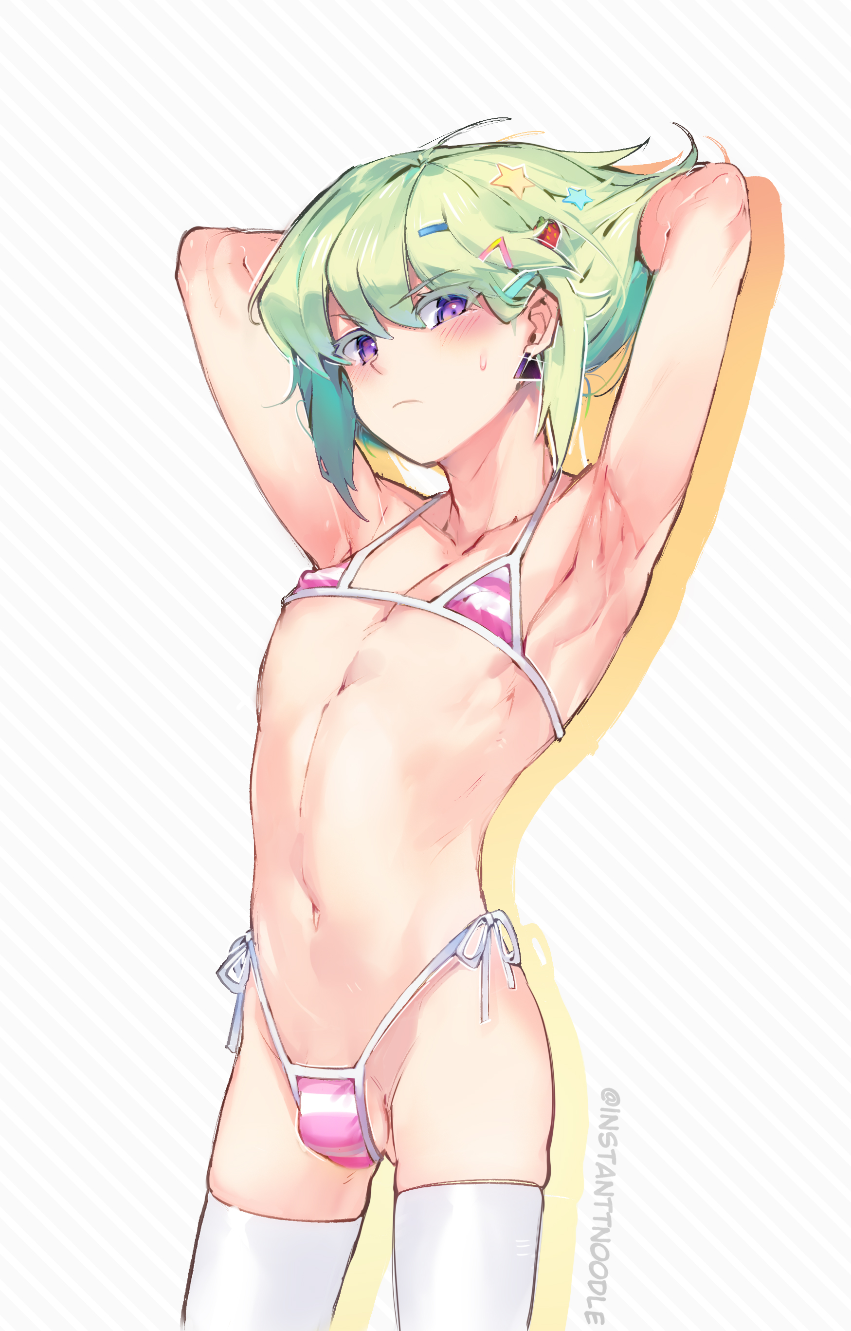 androgynous, bikini, bulge, crossdressing, femboy, instanttnoodle, lio fotia, male, petite, promare, slim, slim waist, twink