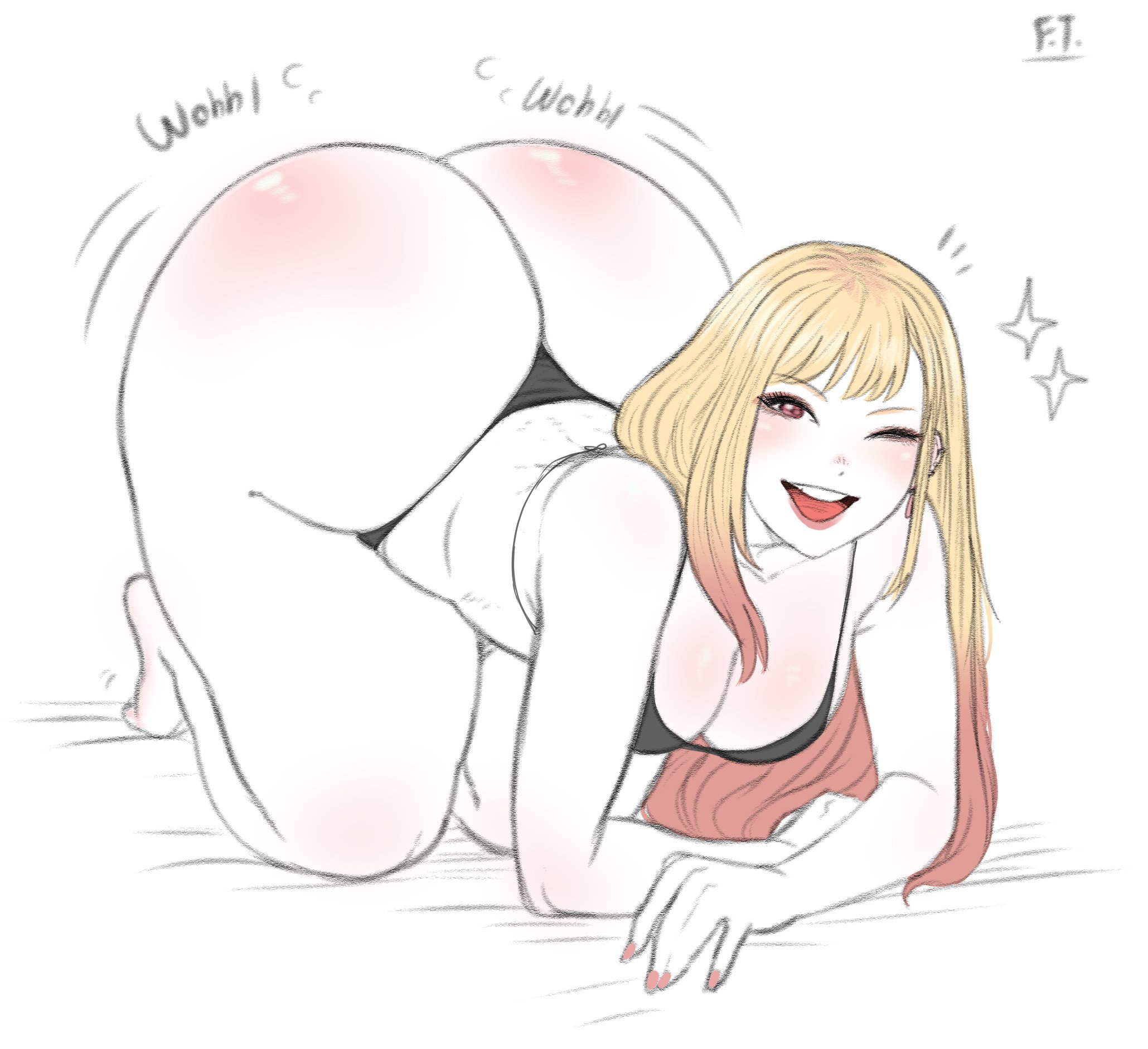 1girls, anime, ass, ass focus, big ass, big butt, blonde female, blonde hair, blonde-haired female, bottom heavy, bottom heavy female, breasts, butt focus, dat butt, fat ass, fat butt, female, female focus, female only, kitagawa marin, large ass, large butt, light skin, light-skinned female, looking at viewer, manga, red eyes, red-eyed female, solo, solo female, solo focus, sono bisque doll wa koi wo suru, wobble, wobbling, wobbling ass, wobbling butt