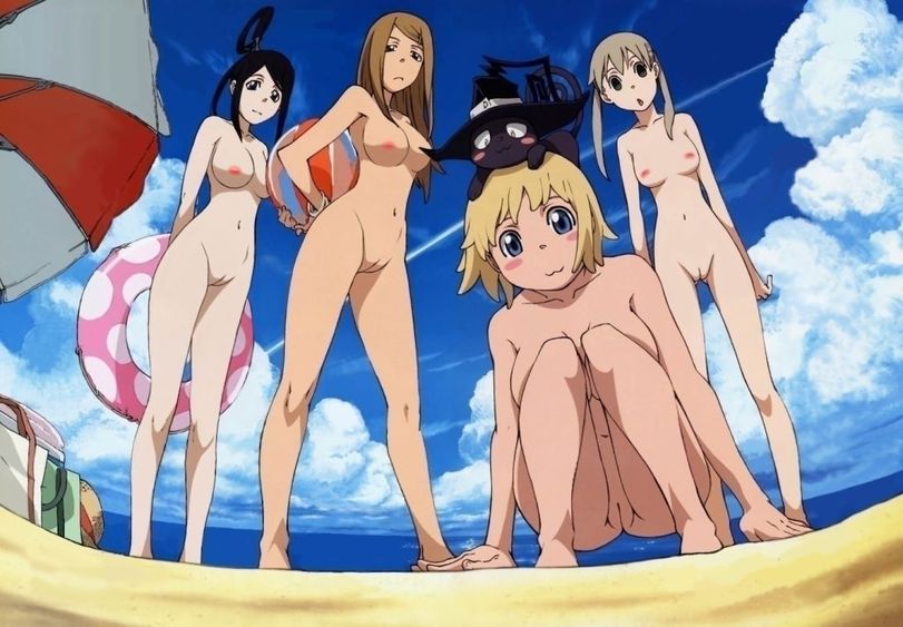 4girls, beach, big breasts, blair (soul eater), breasts, cat, edited, elizabeth thompson, female, flat chest, liz thompson, maka albarn, medium breasts, multiple females, multiple girls, nakatsukasa tsubaki, nude, nude filter, official art, patricia thompson, patty thompson, pov, soul eater, tagme, third-party edit, tsubaki nakatsukasa