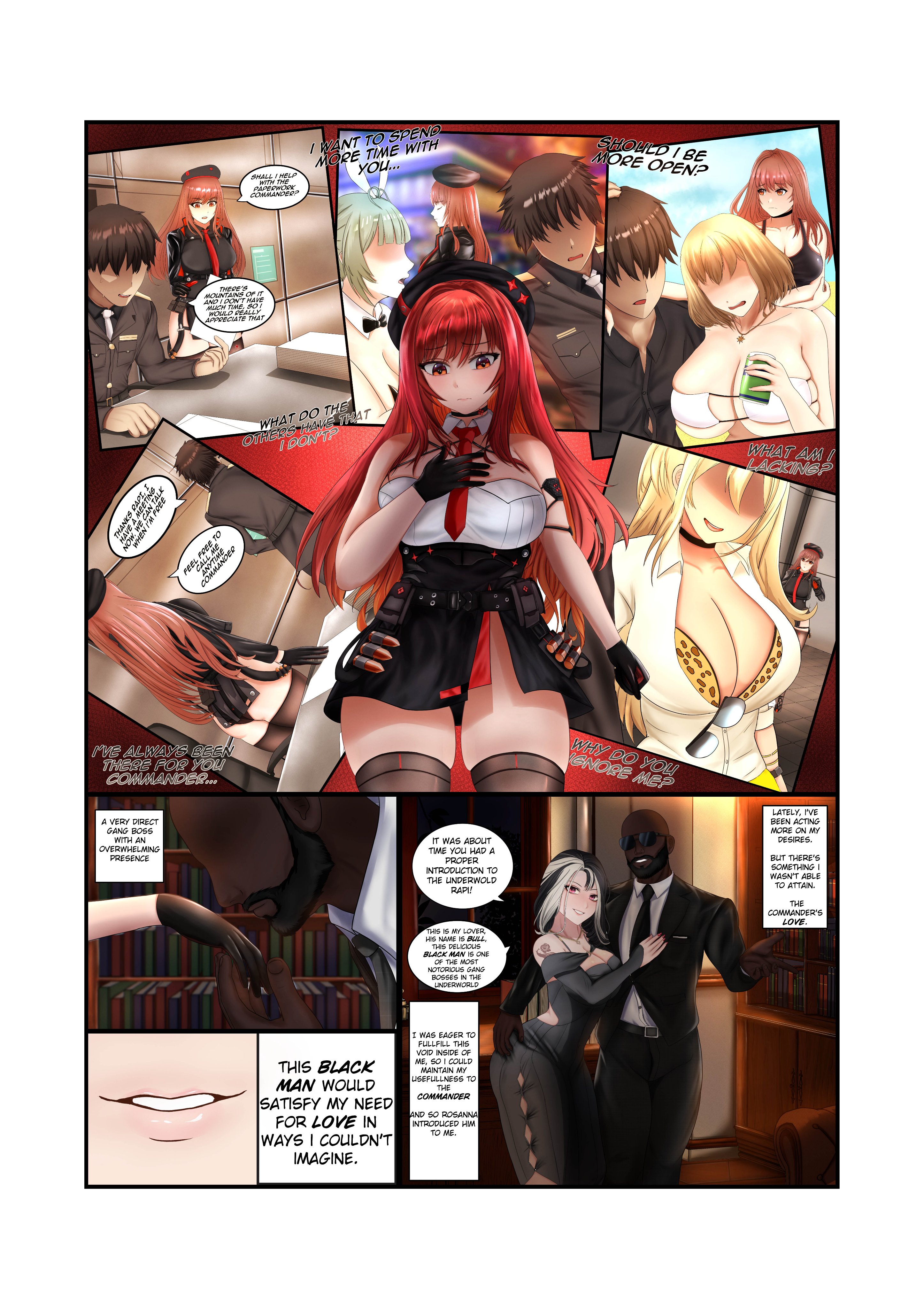 african american, african male, ass, bald, bald male, bald man, beret, bikini, black hair, blonde female, blonde hair, breasts, brown hair, brunette hair, comic, comic page, comic panel, commander (nikke), cuck, cuckold, cuckolding, dark hair, dark skin, dark-skinned male, dominant, dominant feral, dominant male, dress, female, goddess of victory: nikke, green hair, green-haired female, huge ass, huge breasts, interracial, kanikamidesu, leopard print bra, long hair, long-haired female, male, pale-skinned female, rapi (nikke), rapi (red hood) (nikke), red eyes, red hair, rosanna (nikke), shades, tattoo, tattoo on arm, tattooed arm, text, text box, text bubble, text focus, thick, thick ass, thick legs, thigh gap, thigh highs, thighhighs, tie, uniform, uniformed male, white bikini, white bikini top, white hair
