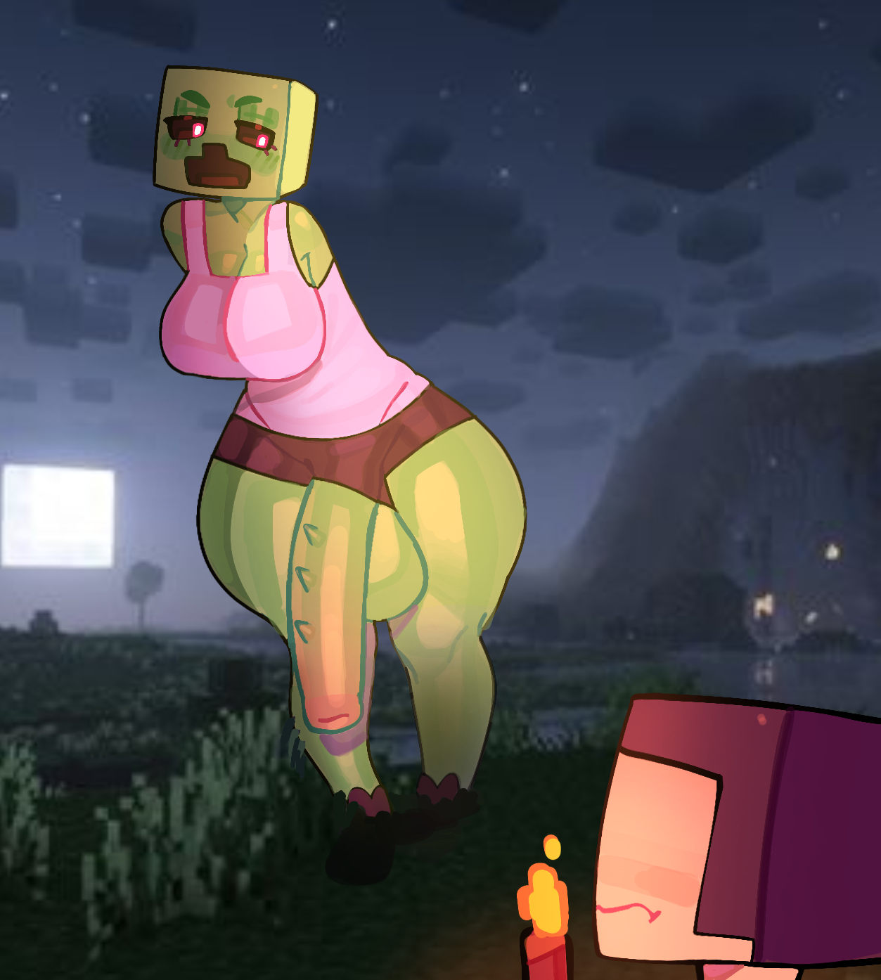 1futa, armless, balls, big breasts, breasts, clothed, clothing, creeper, creeper (minecraft), creeper girl, female, flaccid, futa focus, futanari, huge cock, humanoid, humanoid penis, intersex, lilacfl, minecraft, minecraft mob, mostly clothed, penis, smooth balls, smooth penis, solo focus, standing, steve (minecraft)