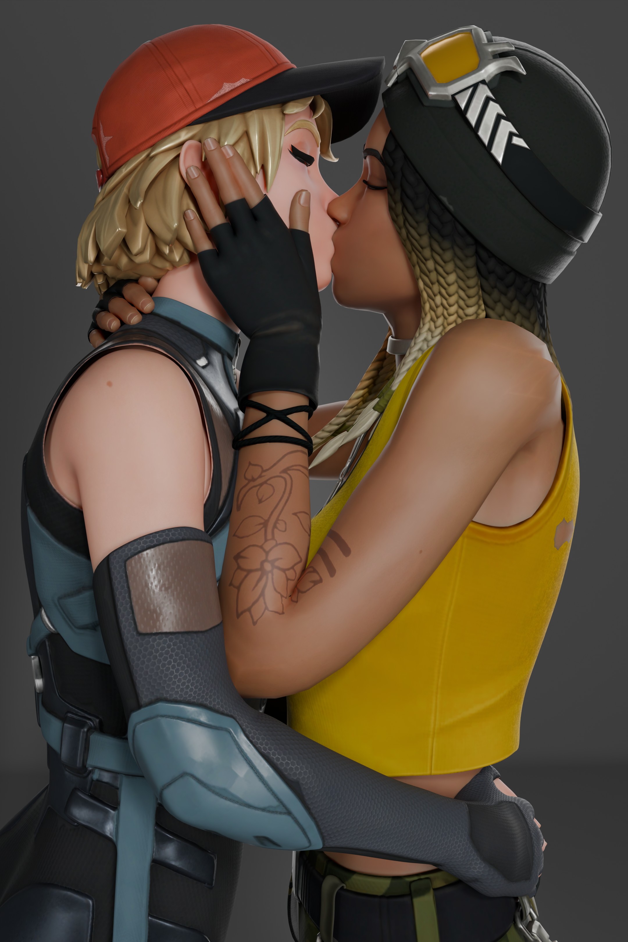 2girls, 3d, blonde hair, dark skin, dark-skinned female, duo, female, fortnite, keisha cross (fortnite), kissing, lesbian, lesbian kiss, piper pace (fortnite), tagme, yuri