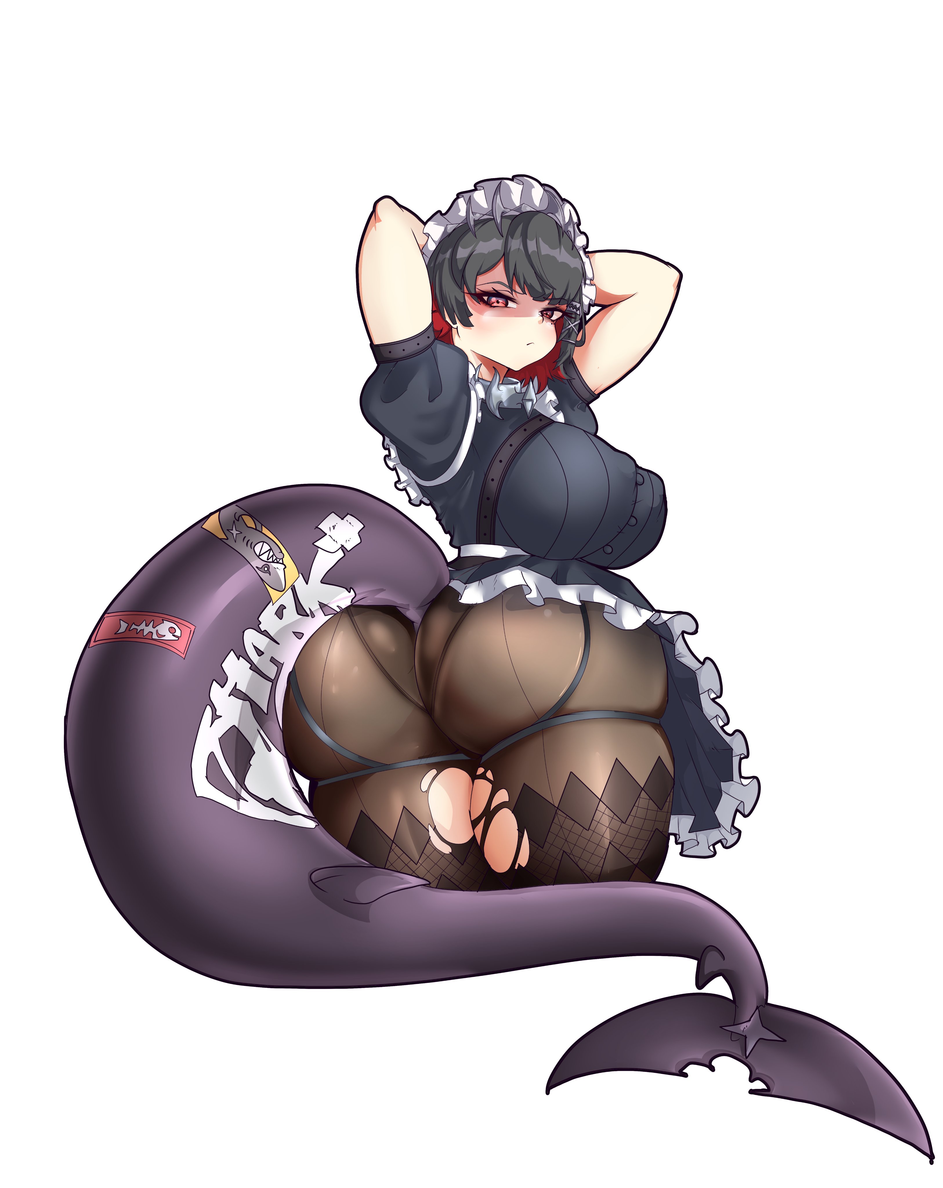 absurdres, annoyed, arms behind head, arms up, ass, big ass, black dress, black hair, breasts, brown pantyhose, closed mouth, colored inner hair, cowboy shot, dot mouth, dress, ellen joe, eyebrows, eyelashes, female, female focus, fins, fish tail, frilled dress, frills, from behind, from side, highres, huge ass, large breasts, looking at viewer, looking back, maid, maid headdress, mihoyo, miyako noh, miyako.noh, multicolored hair, pantyhose, red eyes, red hair, shaded face, shark girl, shark tail, short hair, short sleeves, simple background, solo, tail, thighs, torn clothes, torn pantyhose, twisted torso, two-tone dress, two-tone hair, variant set, weird proportions, white background, white dress, zenless zone zero