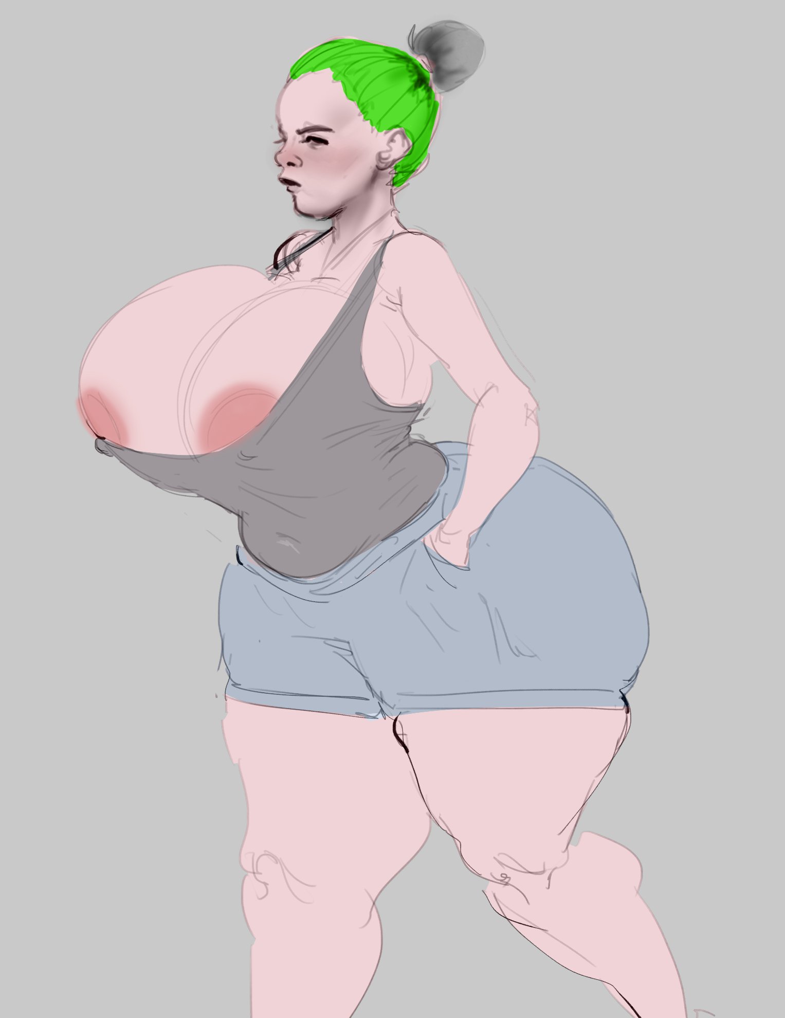 ass, big areola, big ass, big breasts, billie eilish, breasts, breasts bigger than head, celebrity, dyed hair, female, hair bun, hourglass figure, muffin top, musician, real person, side view, sketch, tagme, tank top, thick thighs, wobblinggut