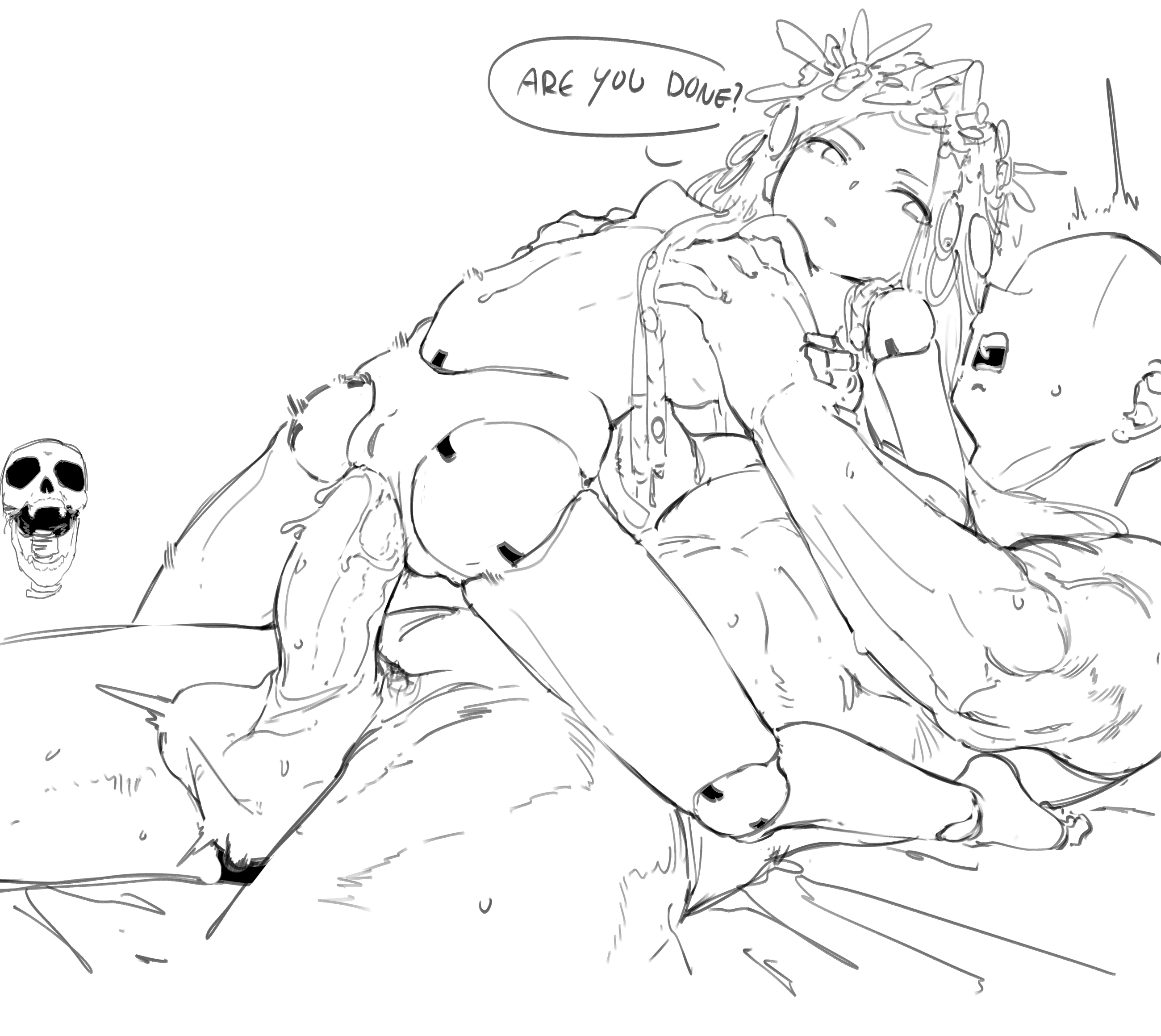 1boy, 1girls, anal, anal sex, black and white, cowgirl position, dialogue, doll, doll joints, elden ring, elden ring nightreign, emotionless, emotionless female, emotionless sex, female, fromsoftware, kida eve, male, meme, monochrome, pussy, revenant (nightreign), sex, skull, tsukumogami, vagina