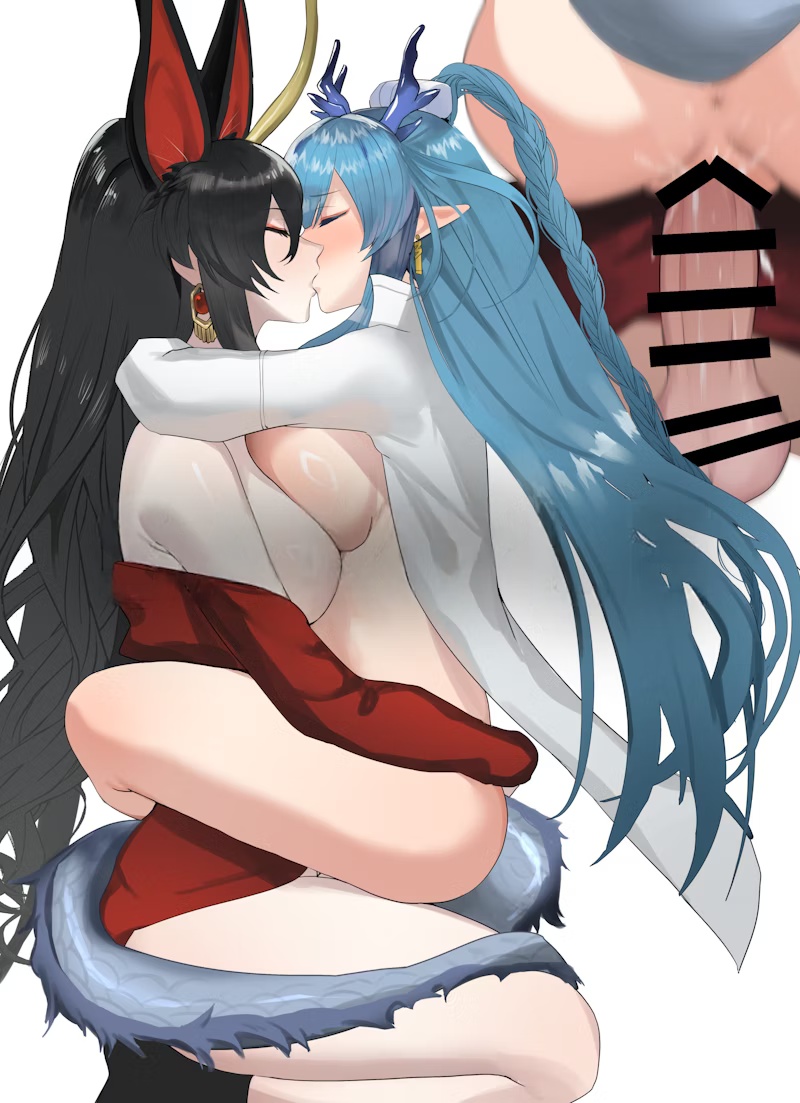 1futa, 1girls, arknights, bar censor, censored, dragon girl, female, french kiss, futa on female, futanari, horns, intersex, kissing, kissing while penetrated, light skin, light-skinned female, ling (arknights), oyatsu 0, skeb commission, tail, tail wrap, vaginal penetration, ya (arknights)