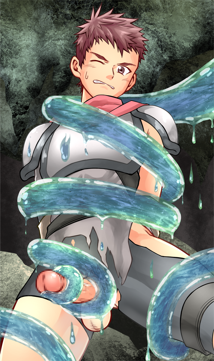 1boy abs armor balls big_balls big_penis blush bondage cape cave censored censored_penis clenched_teeth dissolving_clothes dripping duo erection exposed_penis foreshortening foreskin_folds frown gakupoppo gay hi_res male male_only mature_male monster mosaic_censoring mucus muscular_legs muscular_thighs one_eye_closed original original_character penis penis_out pink_glans pointless_censoring red_hair restrained restrained_arms restrained_legs retracted_foreskin short_hair shoulder_pads slime spread_legs struggling suspended suspended_in_midair tentacle tentacle_around_leg tentacle_around_penis tentacle_around_waist tentacle_bondage tentacle_on_male thick_penis tight_clothing torn_clothes tough_guy uncircumcised uncut veiny_penis warrior wince yaoi yellow_eyes young