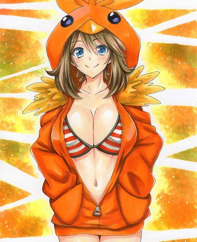 1girls background bangs belly big_breasts bikini blue_eyes blush breasts brown_hair cleavage clothed cosplay female female_only hands_in_pockets human human_only large_breasts looking_at_viewer may_(pokemon) may_(pokemon_oras) navel nintendo orange_background pokemon pokemon_(cosplay) pokemon_oras short_hair sketch smile solo standing sweater takecha text torchic_(cosplay) watermark