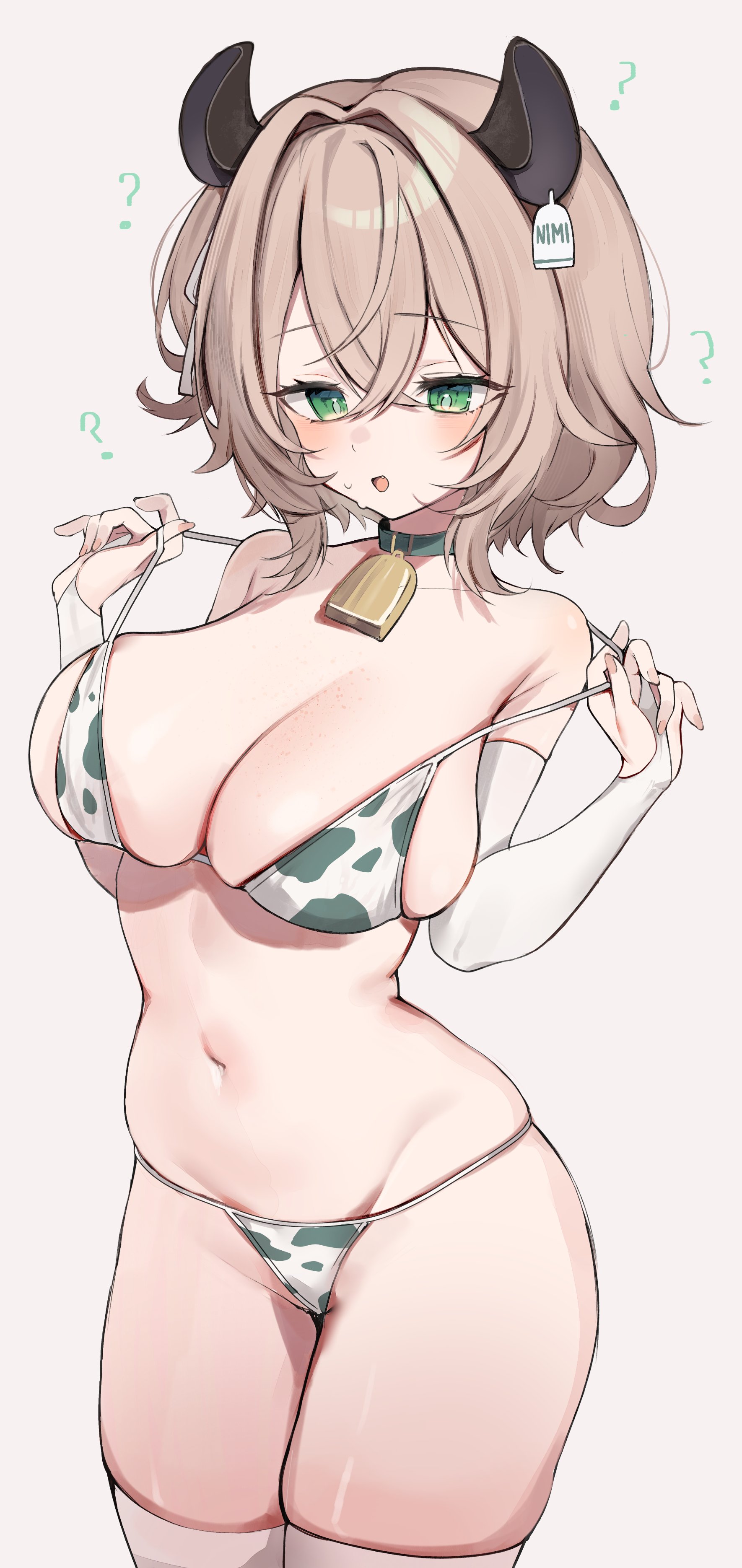 ?, absurdres, alternate costume, animal ears, animal print, bare shoulders, bell, bikini, bikini top pull, blush, breasts, bridal gauntlets, brown hair, cleavage, cow print, cow print bikini, cowbell, crossed bangs, ear tag, elbow gloves, female, gloves, green eyes, hair between eyes, hair intakes, hands up, highres, indie virtual youtuber, large breasts, navel, neck bell, nimi nightmare, oimo 0imo, one side up, open mouth, print bikini, pulling own clothes, short hair, simple background, skindentation, solo, stomach, sweat, swimsuit, tapir ears, tapir girl, thighhighs, thighs, virtual youtuber, white background, white bridal gauntlets, white gloves, white thighhighs
