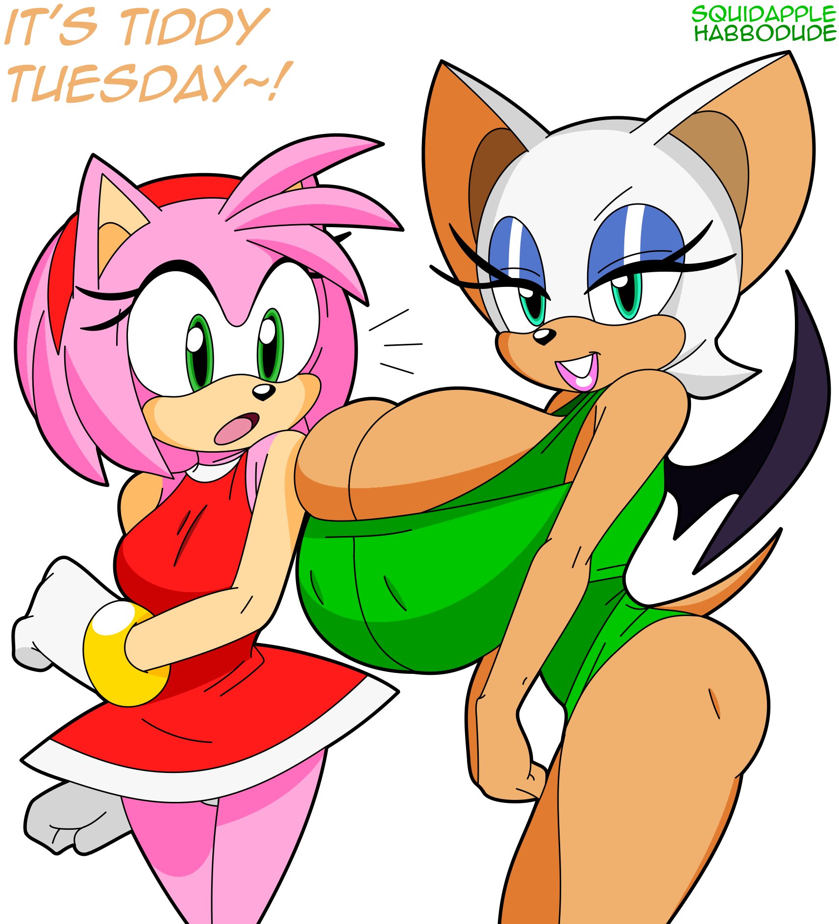 accessory, amy rose, anthro, bat, big breasts, bracelet, breast envy, breast squish, breasts, cleavage, clothed, clothing, dress, duo, eulipotyphlan, eyeshadow, female, fur, gloves, green clothing, green eyes, green leotard, habbodude, hair accessory, hairband, handwear, hedgehog, hi res, huge breasts, jewelry, leotard, lipstick, makeup, mammal, pink body, pink fur, rouge the bat, sega, shocked, sonic (series), sonic the hedgehog (series), squidapple, squish, swimwear, tight clothing, top heavy, white body, white fur, wings