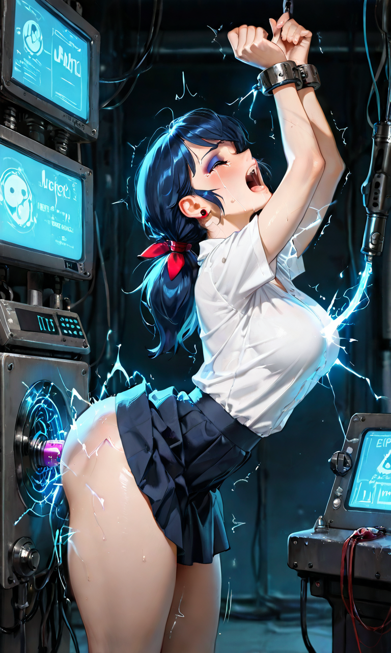 1girls, ai generated, ass, bare arms, bare legs, bare thighs, black hair, blue hair, breasts, closed eyes, crying in pain, defeated, defeated heroine, disney, disney channel, earring, electric shock, electricity, electrocution, electrostimulation, eyebrows, eyelashes, eyeliner, eyeshadow, female, hands tied, hi res, huge breasts, ladybug (character), large ass, large breasts, legs, marinette cheng, marinette dupain-cheng, miniskirt, miraculous ladybug, miraculous: tales of ladybug and cat noir, skirt, solo, solo female, solo focus, sparks, t-shirt, thick thighs, torture, twintails, waifufamily, white shirt