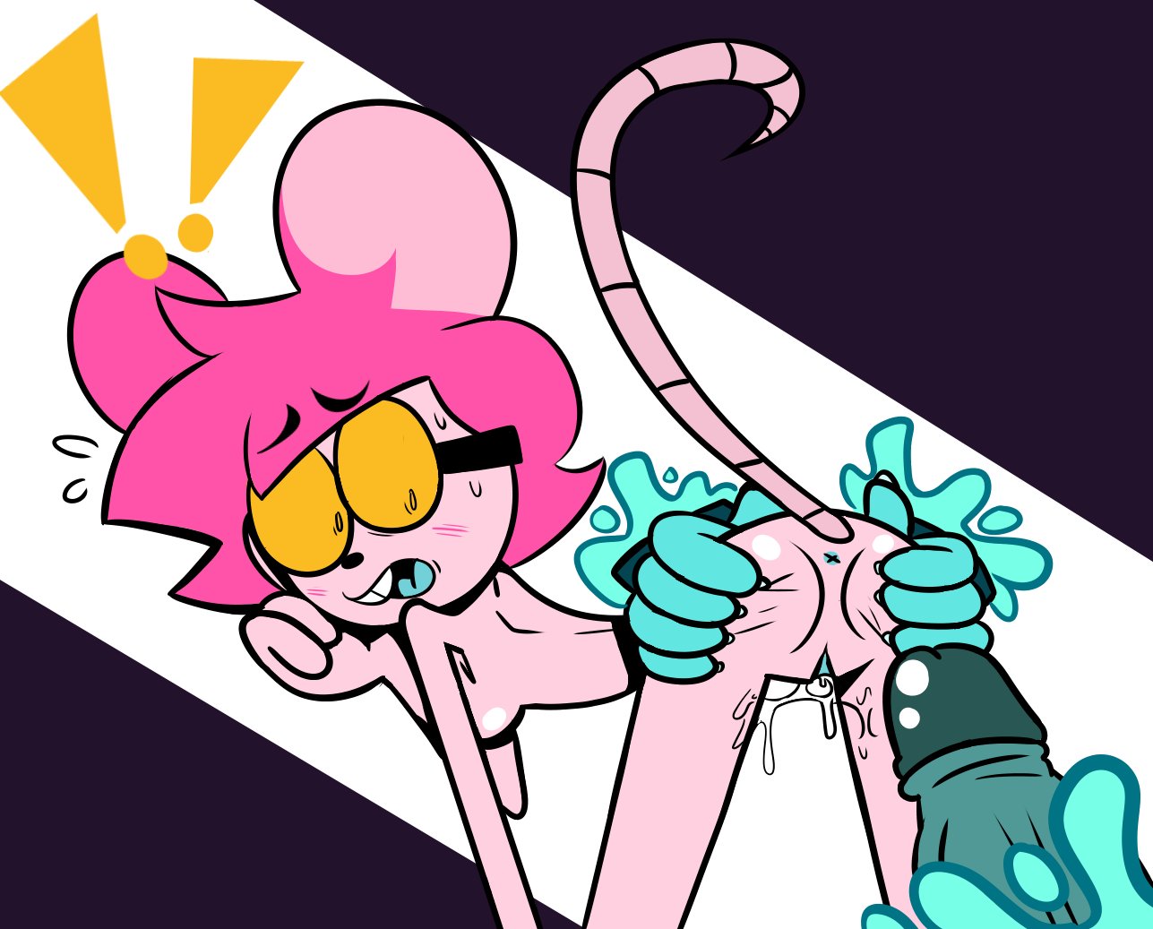 !!, anthro, anus, ass, boy saltiest, cyan tongue, female, fuchsia hair, fur, furry, furry female, goommy (goommymuffin), goommymuffin, male, mammal, mouse ears, mouse girl, mouse tail, muffin (goommymuffin), murid, mysaltisexposed, nude, nude female, open mouth, penis, pink body, pink fur, pussy, rodent, skinny, skinny anthro, skinny female, spread ass, spread butt, twitter username, yellow glasses