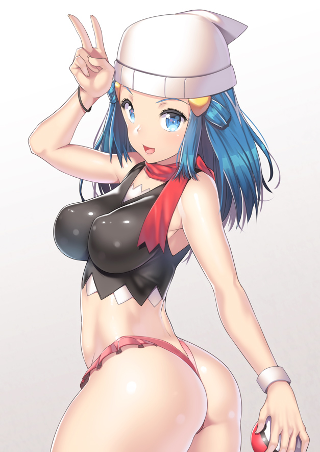 1girls, alternate breast size, arm up, armpits, ass, ass hanging out, ass hanging out of skirt, back, bare shoulders, belly, big ass, big breasts, blue eyes, blue hair, blush, bottomless, bracelet, breasts, bubble ass, bubble butt, dawn (pokemon), erect nipples, female, female only, gesture, grey background, hat, holding, human, impossible clothes, large breasts, long hair, looking at viewer, looking back, microskirt, nagase haruhito, nipples, poke ball, pokemon, pokemon dppt, shirt, skimpy, skin tight, smile, solo, tongue, underwear, v
