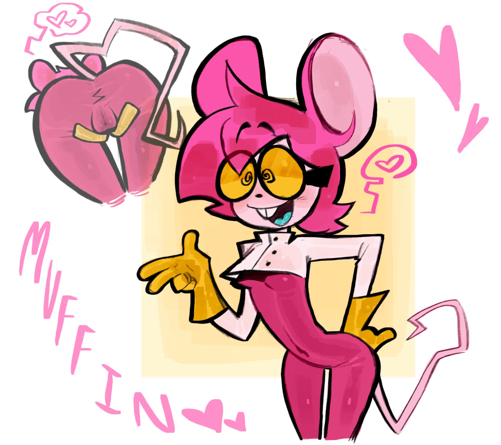 anthro, ass, cyan tongue, female, fuchsia clothing, fuchsia hair, fur, goommymuffin, kyomahub, mouse, mouse ears, mouse girl, mouse tail, muffin (goommymuffin), murid, open mouth, pink body, pink fur, presenting hindquarters, presenting pussy, pussy, rodent, skinny, skinny anthro, skinny female, smile, tight clothes, tight clothing, twitter username, white background