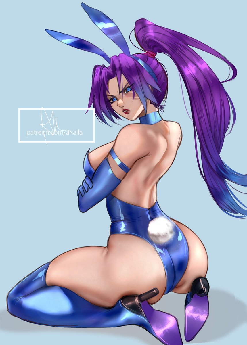 1girls, angry, arialla draws, artist name, ass, breasts, clothed, clothed female, commentary, elbow gloves, english commentary, female, gloves, highres, long hair, looking at viewer, marvel, marvel comics, marvel rivals, patreon username, playboy bunny, ponytail, psylocke, psylocke (marvel rivals), purple eyes, purple hair, solo, web address, x-men
