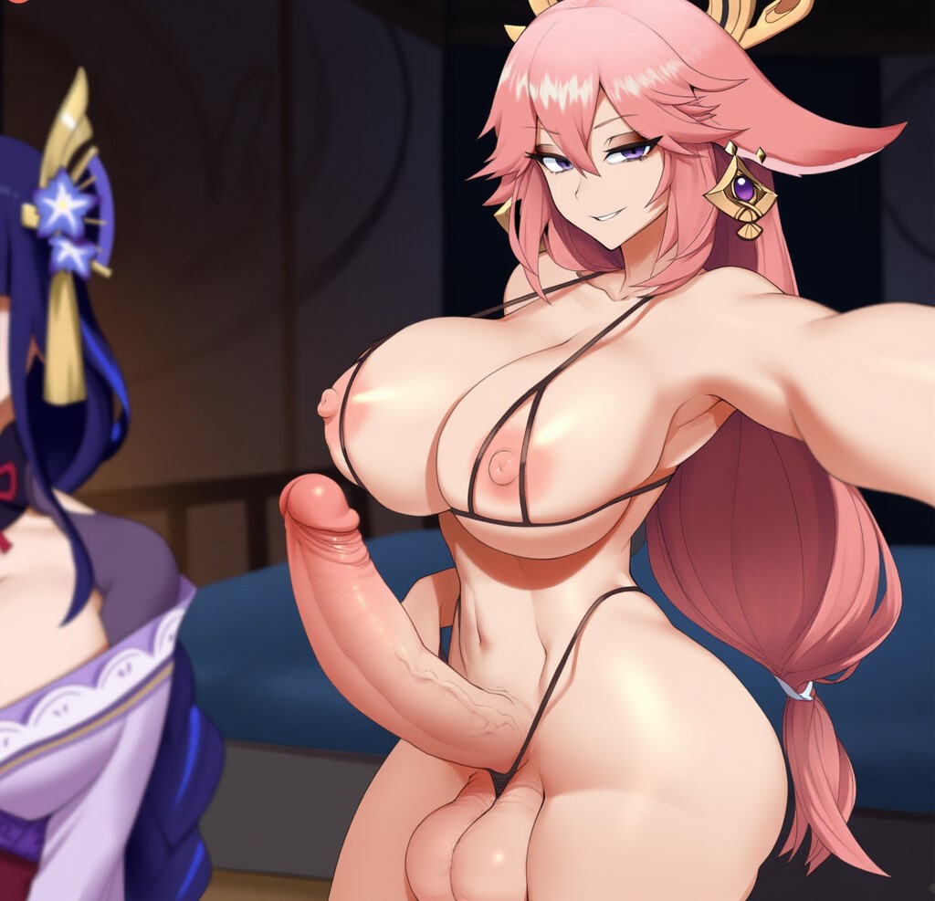 1futa, ai generated, animal ears, balls, blurry, blurry foreground, blush, breasts, cleavage, depth of field, erection, eyebrows visible through hair, futa only, futanari, genshin impact, hair ornament, huge breasts, imminent sex, intersex, large breasts, large penis, light-skinned futa, long hair, low-tied long hair, micro bikini, navel, nipples, panties, penis, pink hair, purple eyes, racerai, raiden shogun, selfie, smile, solo, testicles, uncensored, underwear, veins, veiny penis, very long hair, yae miko