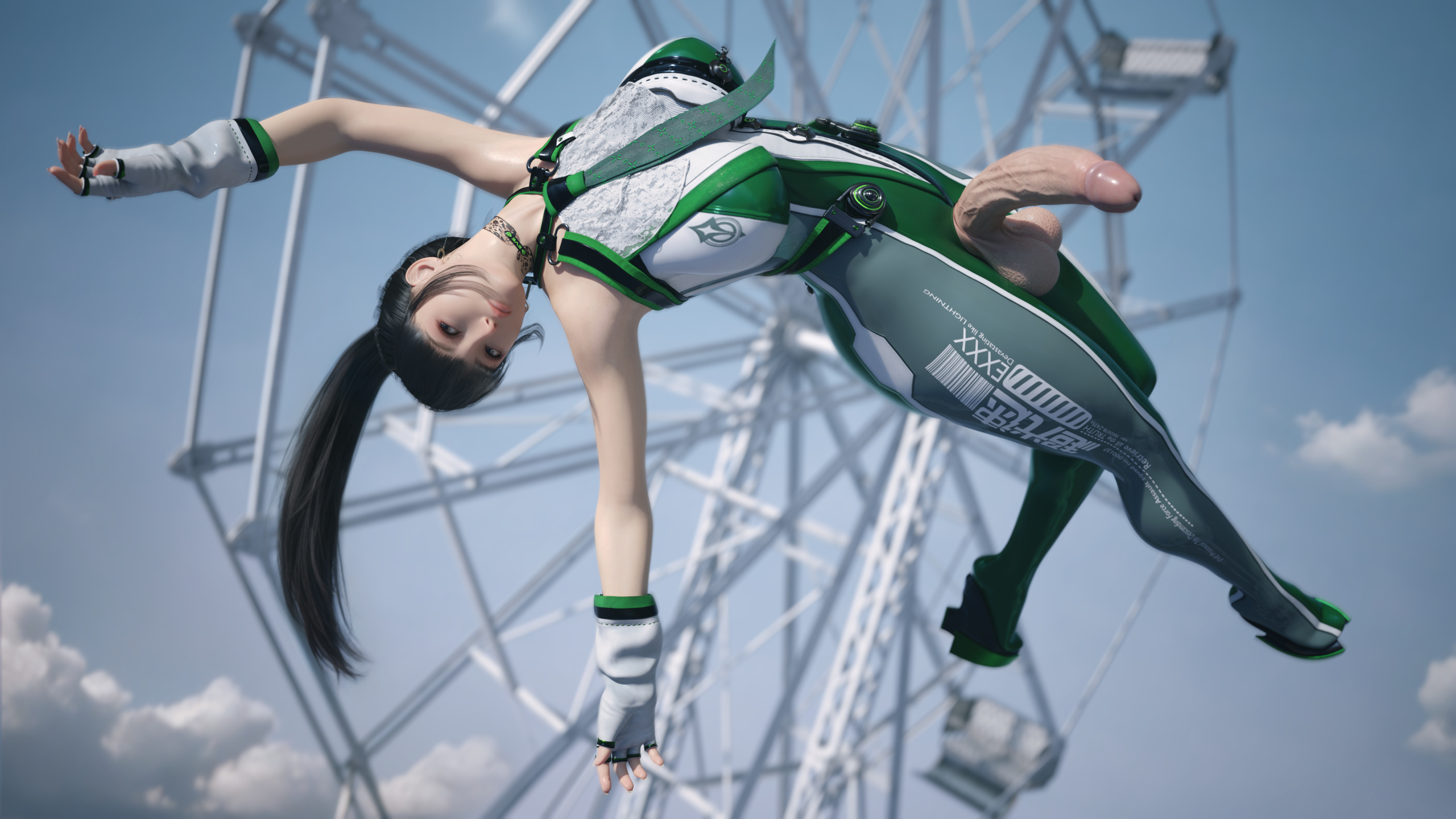 1futa, 3d, 3d (artwork), balls, big balls, big penis, black hair, casual erection, casual exposure, casual nudity, eve (stellar blade), futa only, futanari, in the air, intersex, long hair, penis, penis out, solo, stellar blade, stevencarson