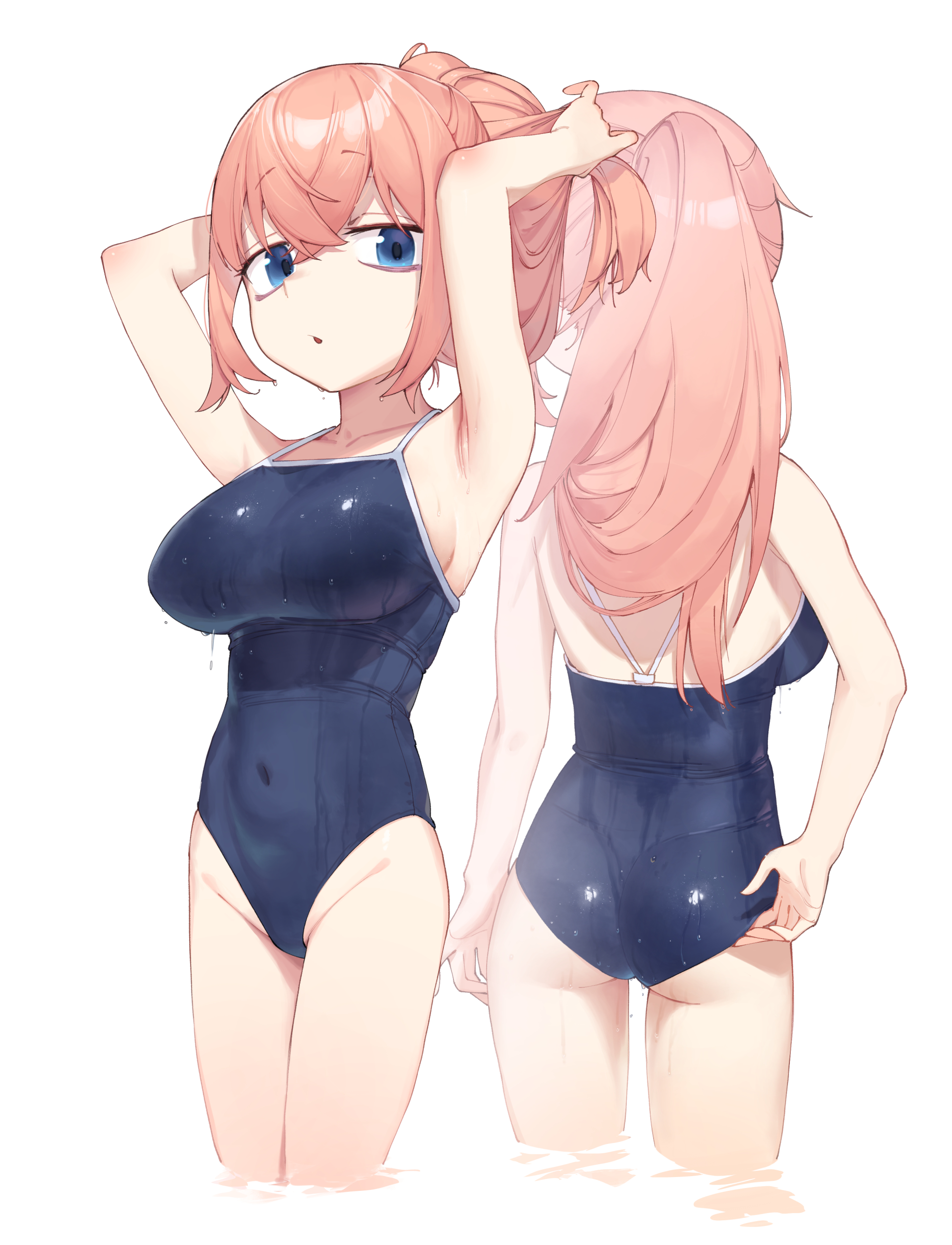 1girls, armpit, armpit crease, armpit focus, armpit peek, armpits, arms above head, arms up, ass, bare armpits, bare arms, bare hands, bare hips, bare legs, bare shoulders, bare skin, bare thighs, belly button, bikini, blue bikini, blue eyes, blue one-piece swimsuit, blue swimsuit, blue swimwear, blue-eyed female, breasts, busty, busty female, busty teenager, collarbone, elbows, exposed armpits, exposed arms, exposed hips, exposed legs, exposed shoulders, exposed skin, exposed thighs, female, female focus, female only, fingers, groin, hair between eyes, hairless armpits, half submerged, hands above head, hands up, high resolution, high school student, highres, large breasts, lean figure, legs closed, legs together, long hair, looking at viewer, michinoku komaro, narrow waist, navel, one-piece swimsuit, partially submerged, partially submerged legs, pink eyebrows, pink hair, pink-haired female, ponytail, rikuhito juusan, school swimsuit, schoolgirl, seitokai nimo anawa aru!, shaved armpits, shoulders, simple background, slender body, slender waist, slim waist, solo, standing, strawberry blonde hair, submerged feet, submerged legs, swimsuit, swimwear, teenage female, teenager, thighs, upper body, white background, young female, young woman