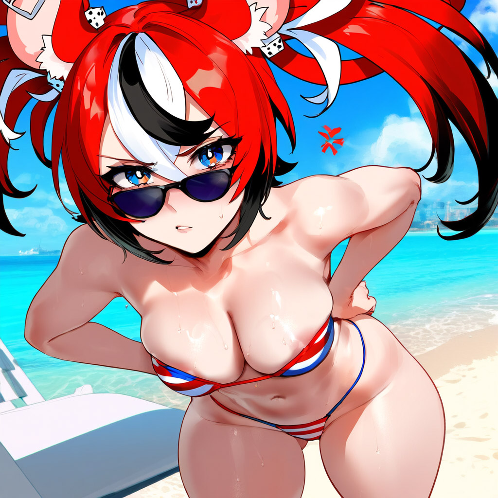 1girls, ai generated, angry, animal ears, beach, bikini, black hair, blue eyes, breasts, cleavage, collarbone, curvy, day, female, fourina, hakos baelz, hand on hip, hololive, hololive english, hololive english -council-, hololive english -promise-, large breasts, leaning forward, long hair, looking at viewer, looking over eyewear, looking over sunglasses, medium breasts, multicolored hair, navel, ocean, outdoors, rat, red hair, solo, sunglasses, swimsuit, tanline, tinted eyewear, virtual youtuber, vtuber, white hair