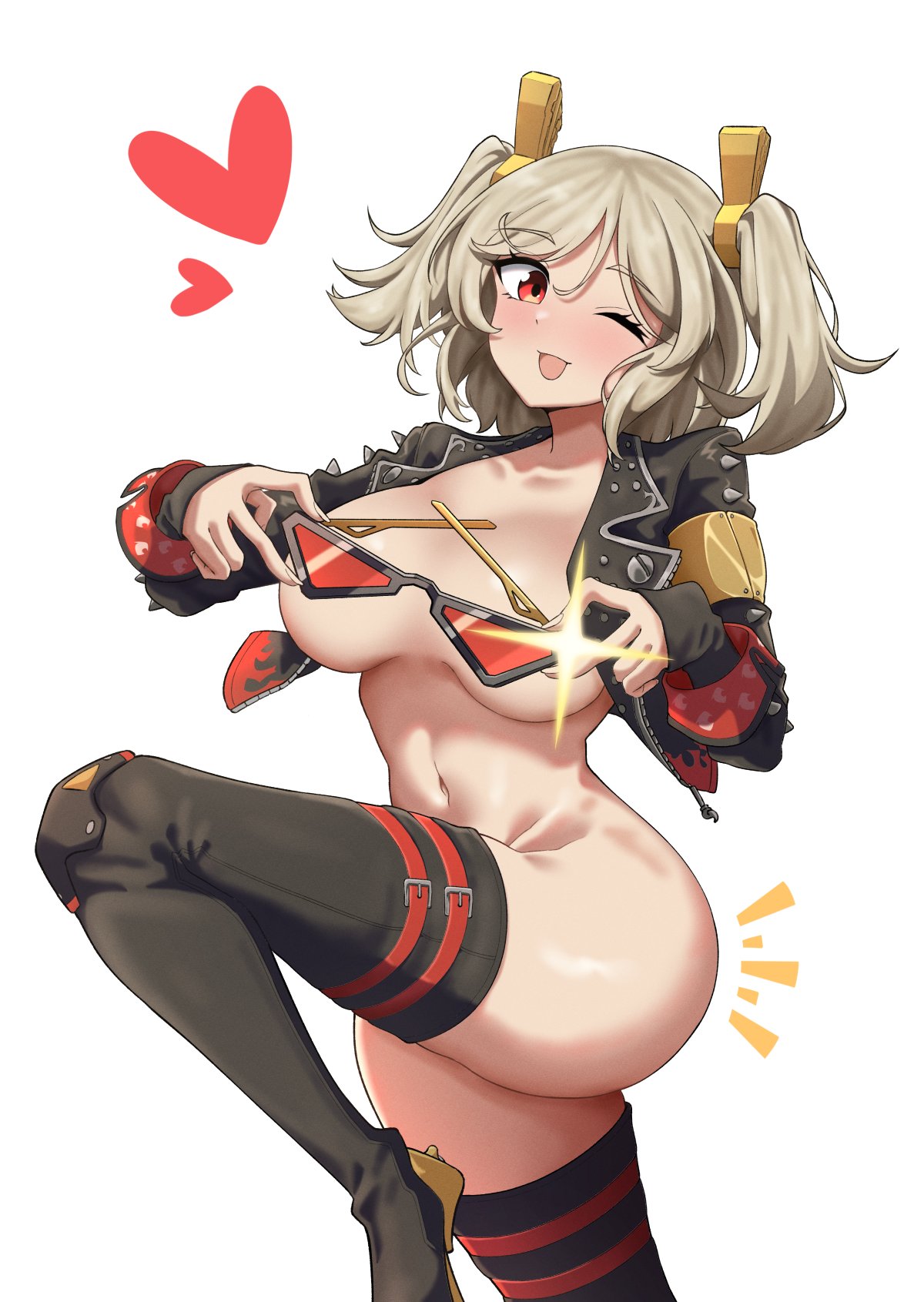 ;p, ass, black jacket, black thighhighs, blonde hair, bottomless, breasts, burnice white, convenient censoring, cropped jacket, danut mk2, emphasis lines, eyewear between breasts, eyewear removed, female, glasses, hair ornament, heart, highres, holding, holding removed eyewear, jacket, large breasts, leg up, letter hair ornament, long sleeves, looking at viewer, medium hair, navel, one eye closed, open clothes, open jacket, red eyes, simple background, solo, standing, standing on one leg, thighhighs, tinted eyewear, tongue, tongue out, topless female, twintails, unworn eyewear, white background, zenless zone zero